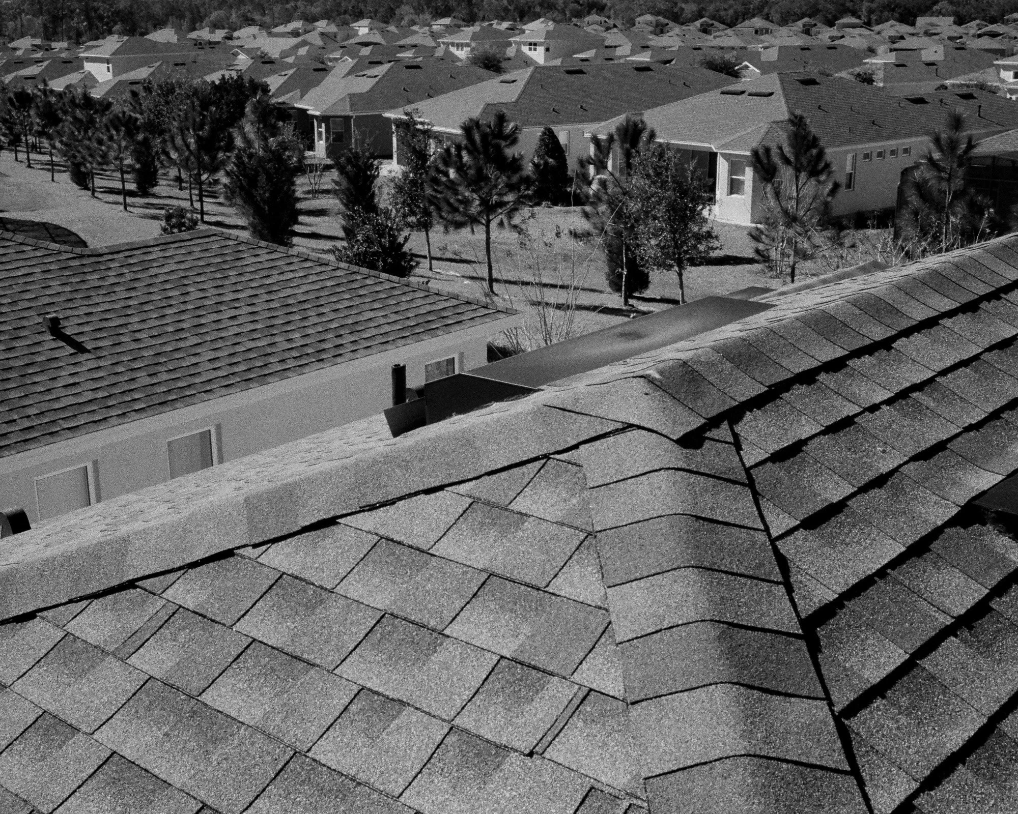 A black and white photo of rooftops in a suburban neighborhood with multiple houses, trees, and a park visible in the background.