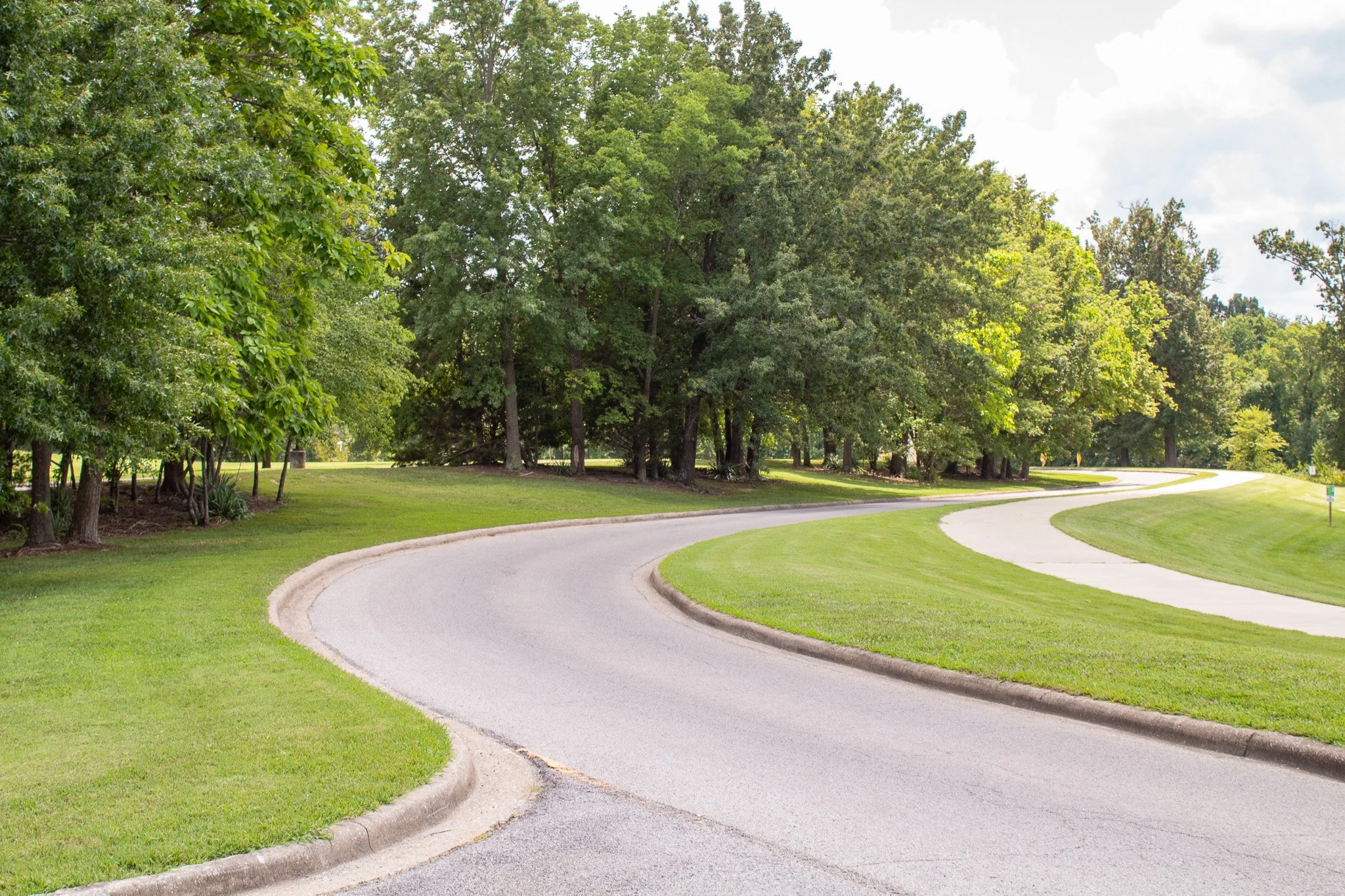 A curving roadway surrounded by grassy areas and trees