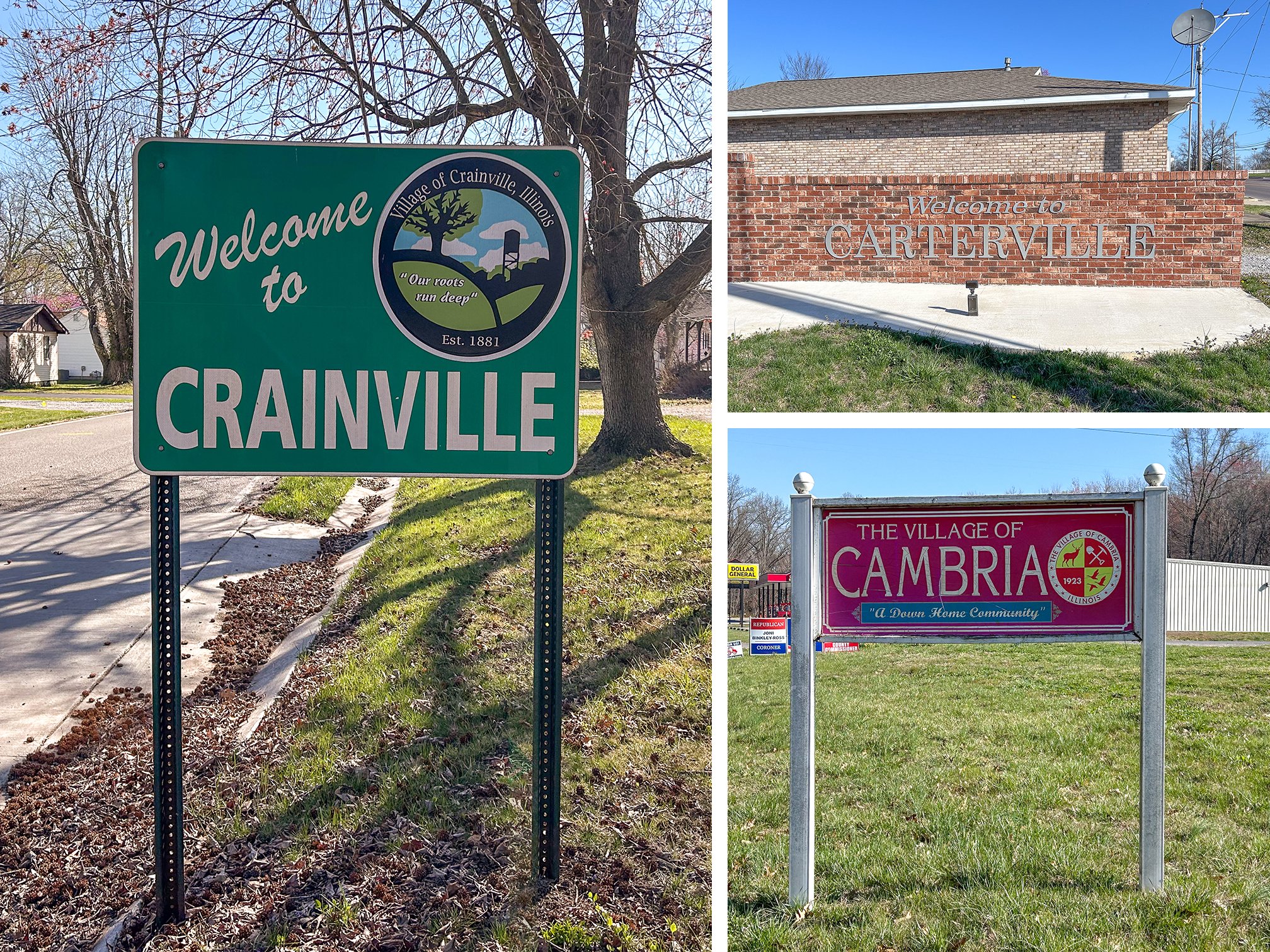 Welcome signs for Crainville, Carterville, and Cambria