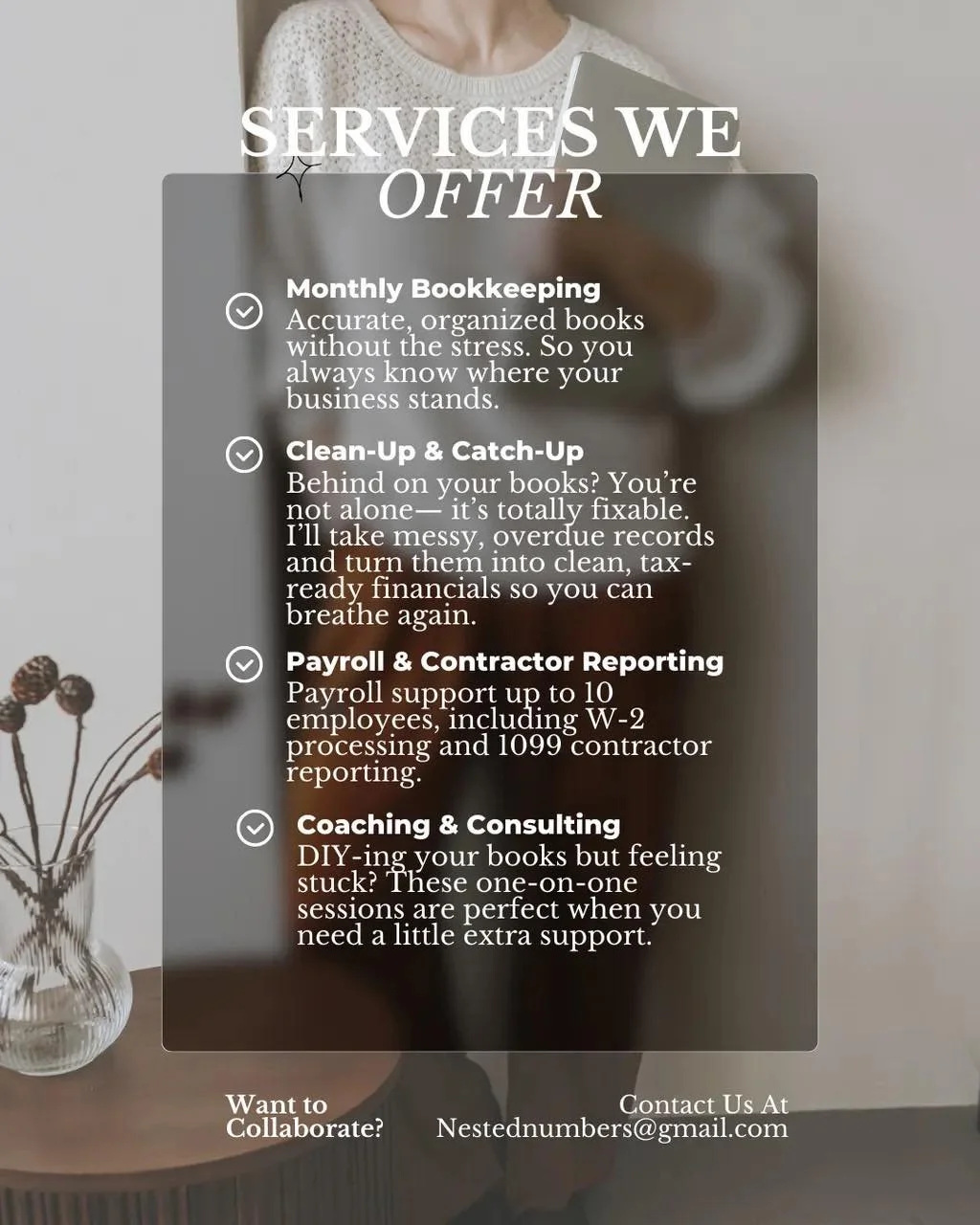 Running a business is hard work &mdash; and keeping up with the numbers can take time and energy away from what really matters. 💛
That&rsquo;s where we come in. Nested Numbers handles your bookkeeping, payroll, and financial tracking so you don&rsqu