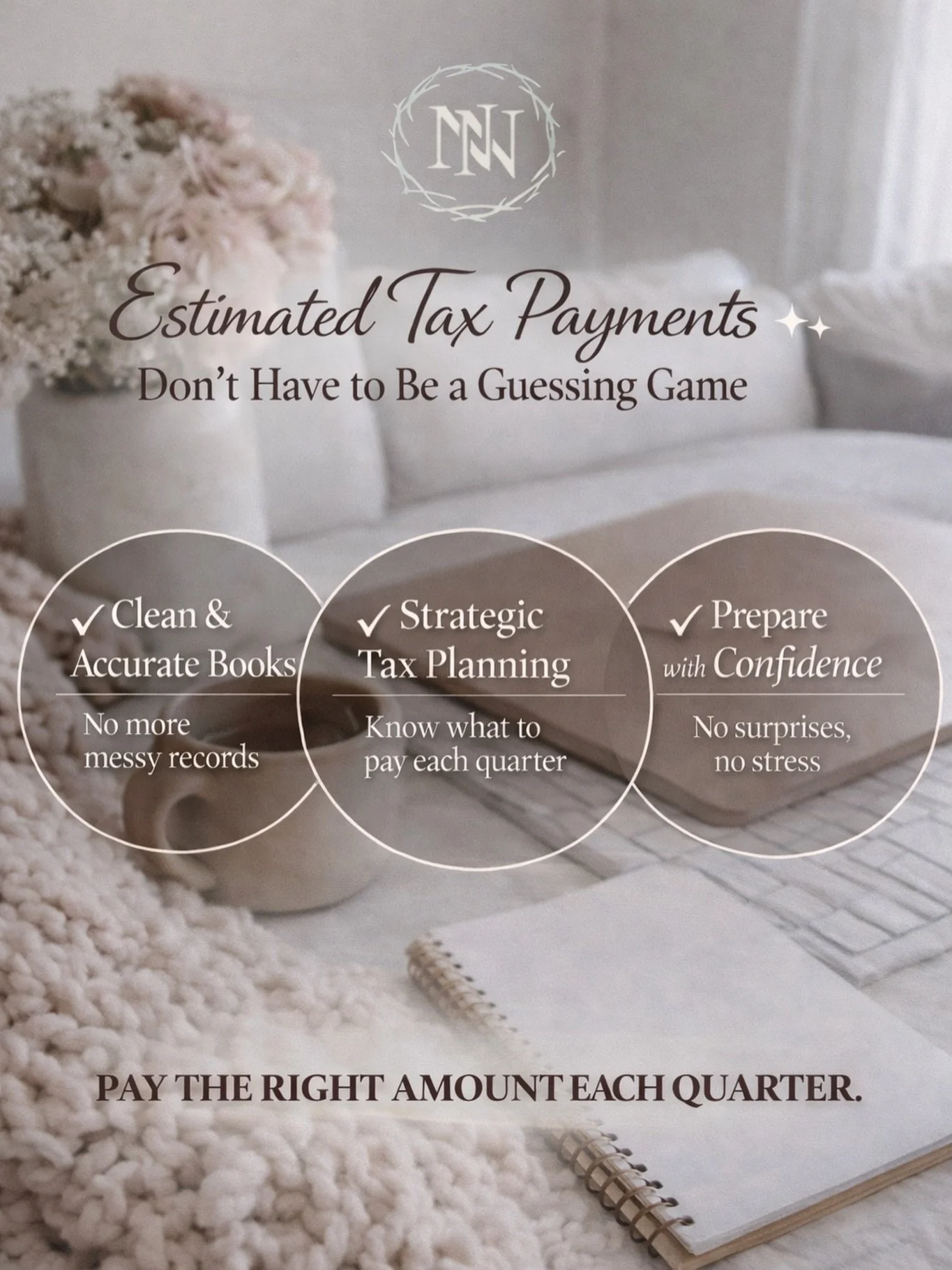 ✨ Estimated Tax Payments 101 ✨

Paying quarterly taxes doesn&rsquo;t have to feel like a guessing game. Here&rsquo;s what every small business owner or self-employed professional needs to know:

1️⃣ Clean &amp; Accurate Books &ndash; Track income and