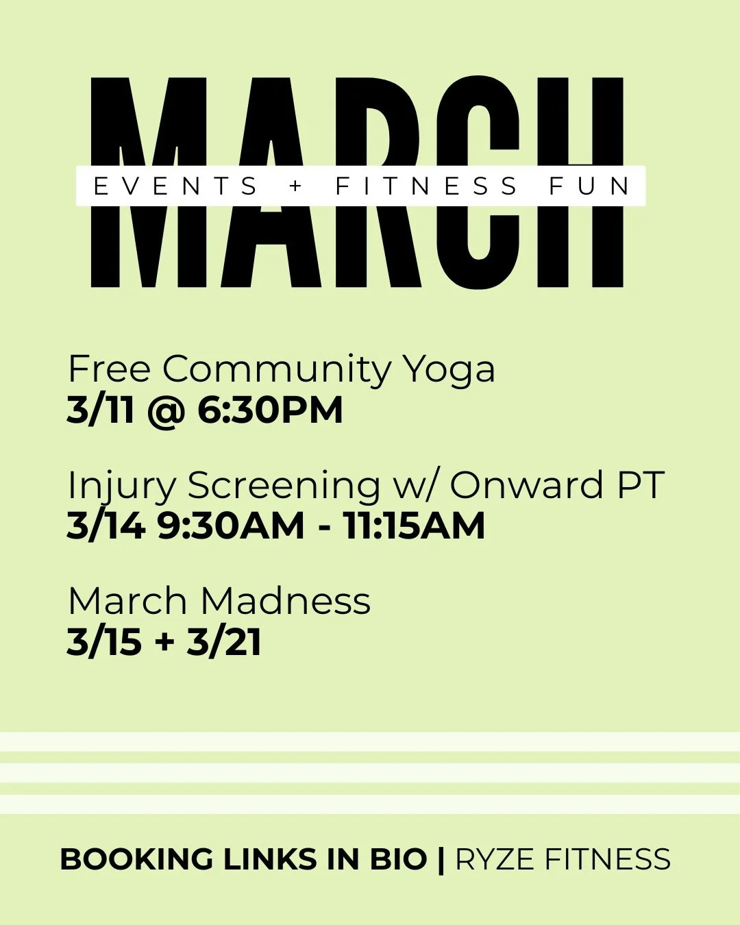 March events at RF 🍀🏀✨

3/11 &ndash; 6:30pm
🧘🏾&zwj;♀️ Free Community Vinyasa Flow with Jessie
We&rsquo;re celebrating the launch of our new Wednesday night 6:30pm Vinyasa Flow by making the first class FREE. Join Jessie for an all-levels warm vin