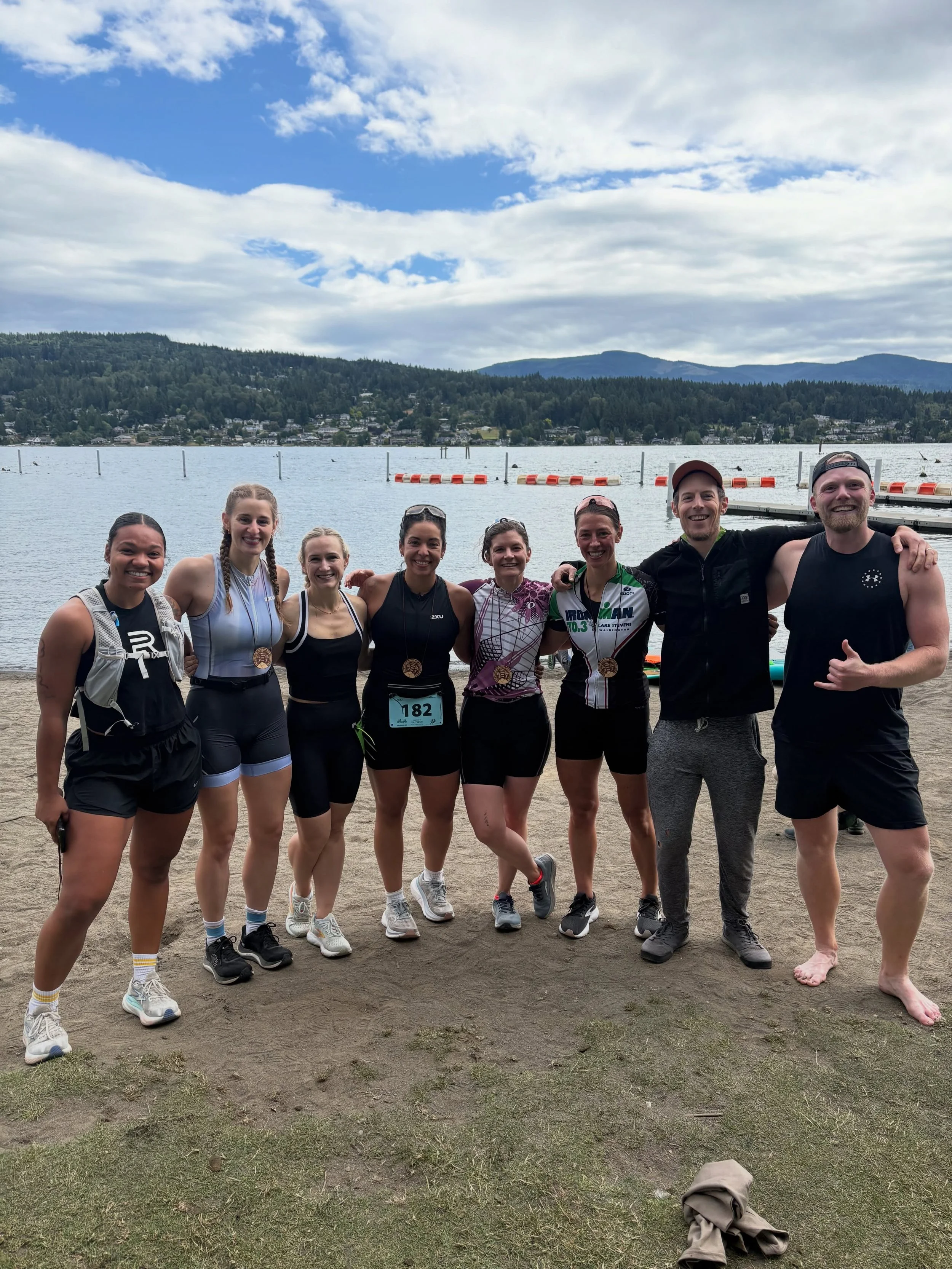 @lakewhatcomtriathlon 🏊🏼🚴🏽&zwj;♀️🏃🏾&zwj;♀️✅

The set up. 🚲👟🥤

Gotta get a picture with our swim coach @dettaendurance 📸

38 minutes of aggressive bubble blowing in the water. 

5th woman our of the water!! Off to the bike course. 💪🏼

That