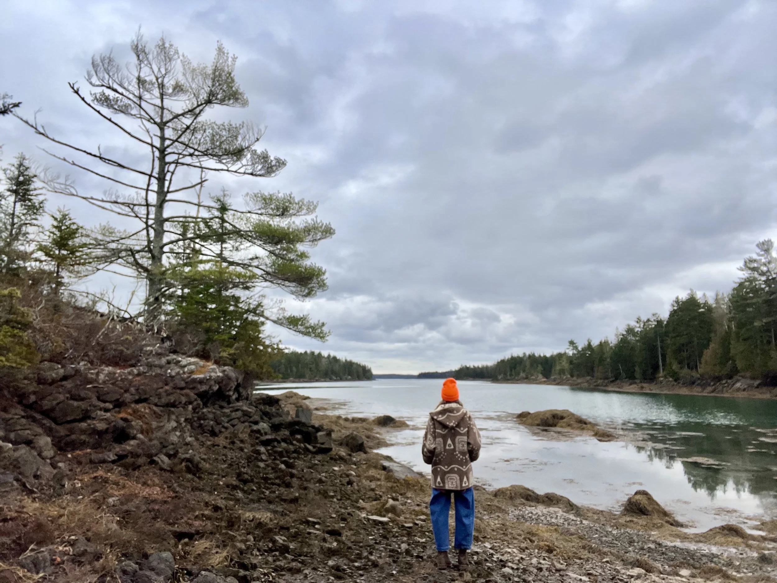 Person standing by the sea in the quiet of Winter in Coastal Maine