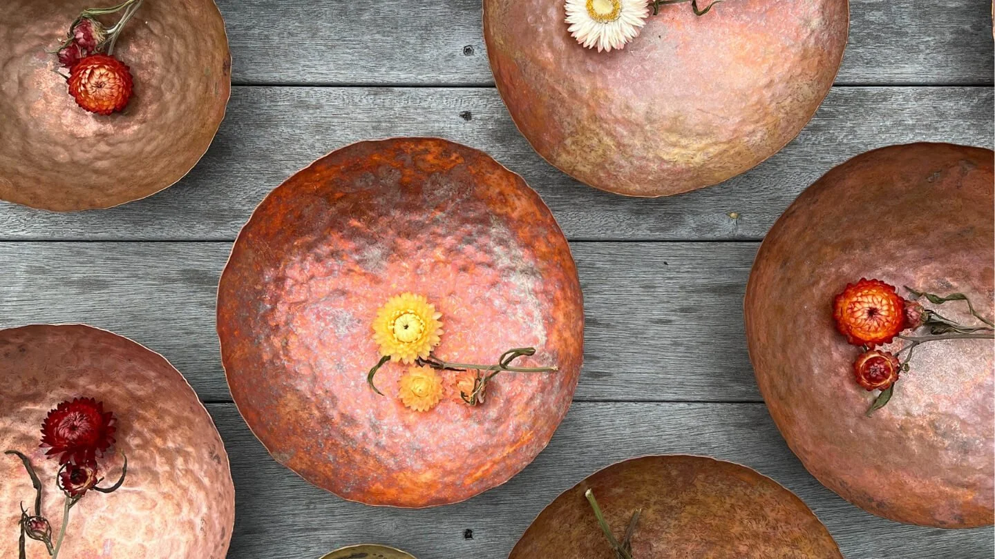 Copper bowls with Strawflowers in Cape Elizabeth, Maine