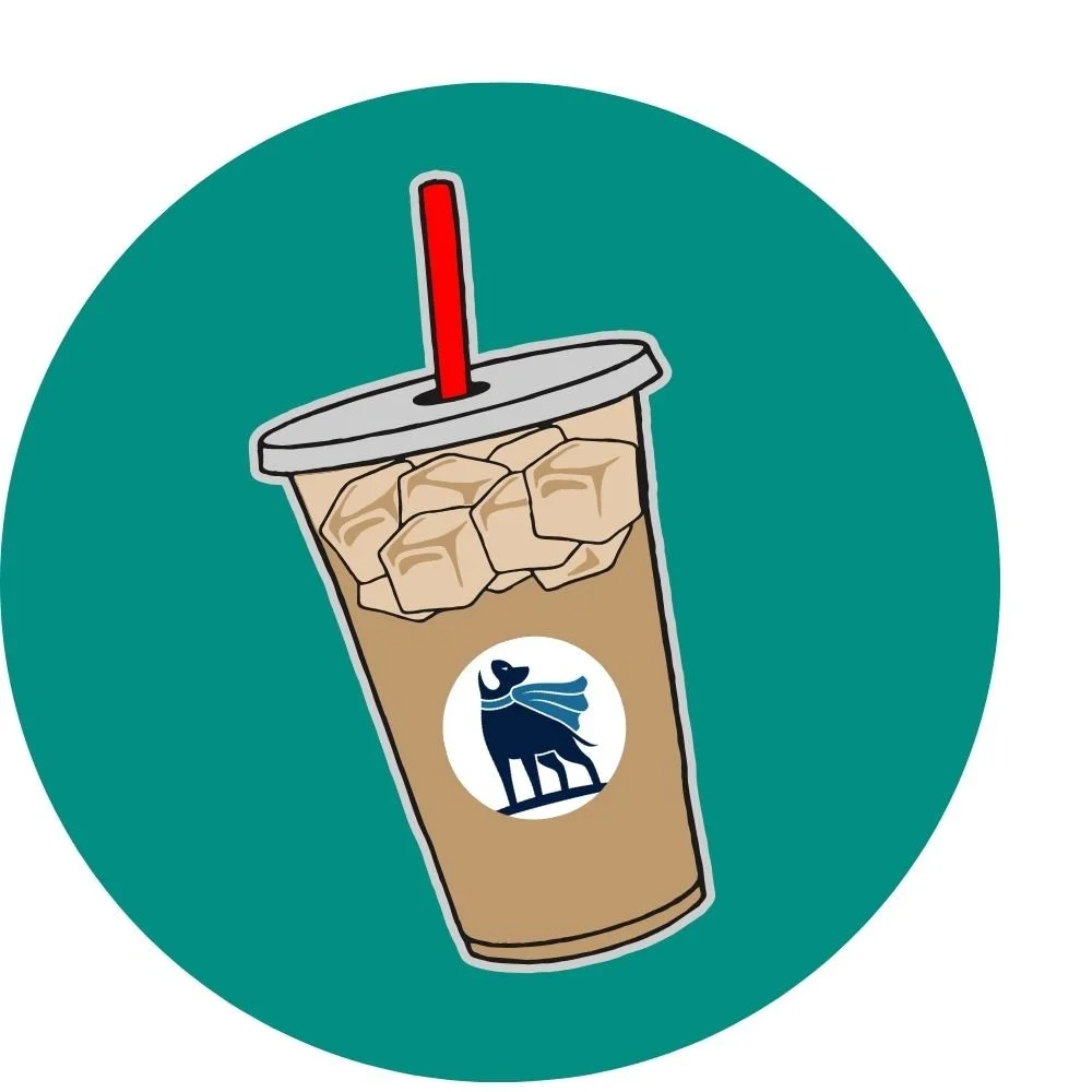 Coffee with ice cubes and Breezy Dog logo