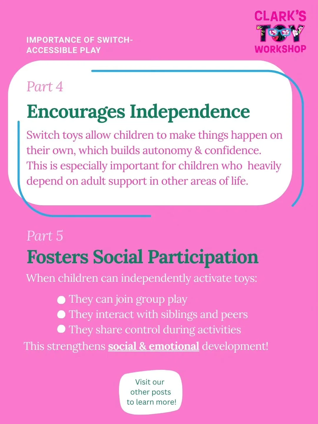 ✨️ Switch-Accessible Play | Part 4 &amp; 5: Encourages Independence + Fosters Social
Participation ✨️

Switch-accessible toys do so much more than activate lights and sounds &mdash; they open doors.

💡 Switch toys help children build independence