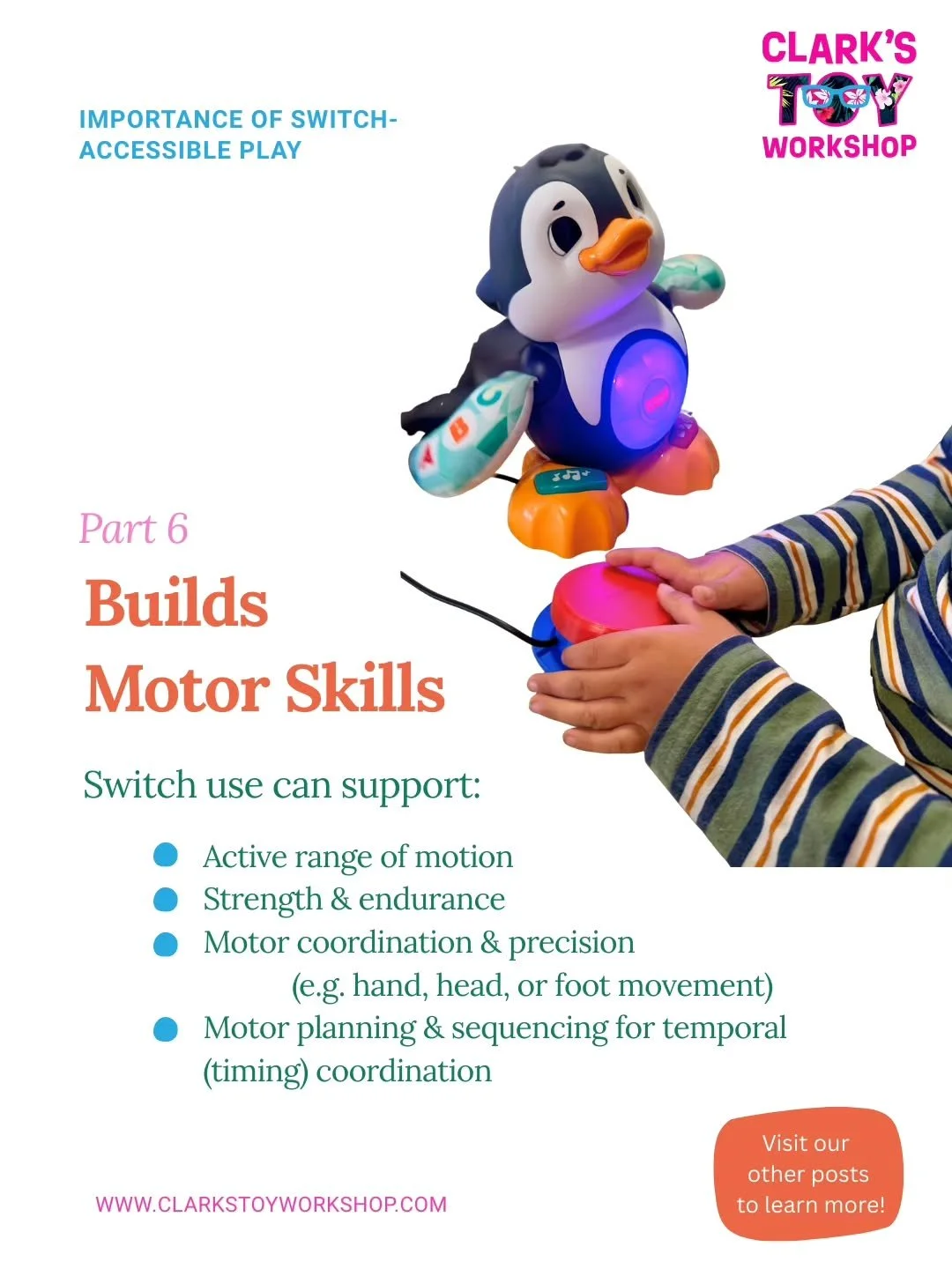 ✨️Switch-Accessible Play | Part 6: Builds Motor Skills✨️

Switch-accessible toys aren&rsquo;t just fun&mdash;they&rsquo;re powerful tools for developing controlled, purposeful movement.

With switch use, children can practice:
&bull; Active range o