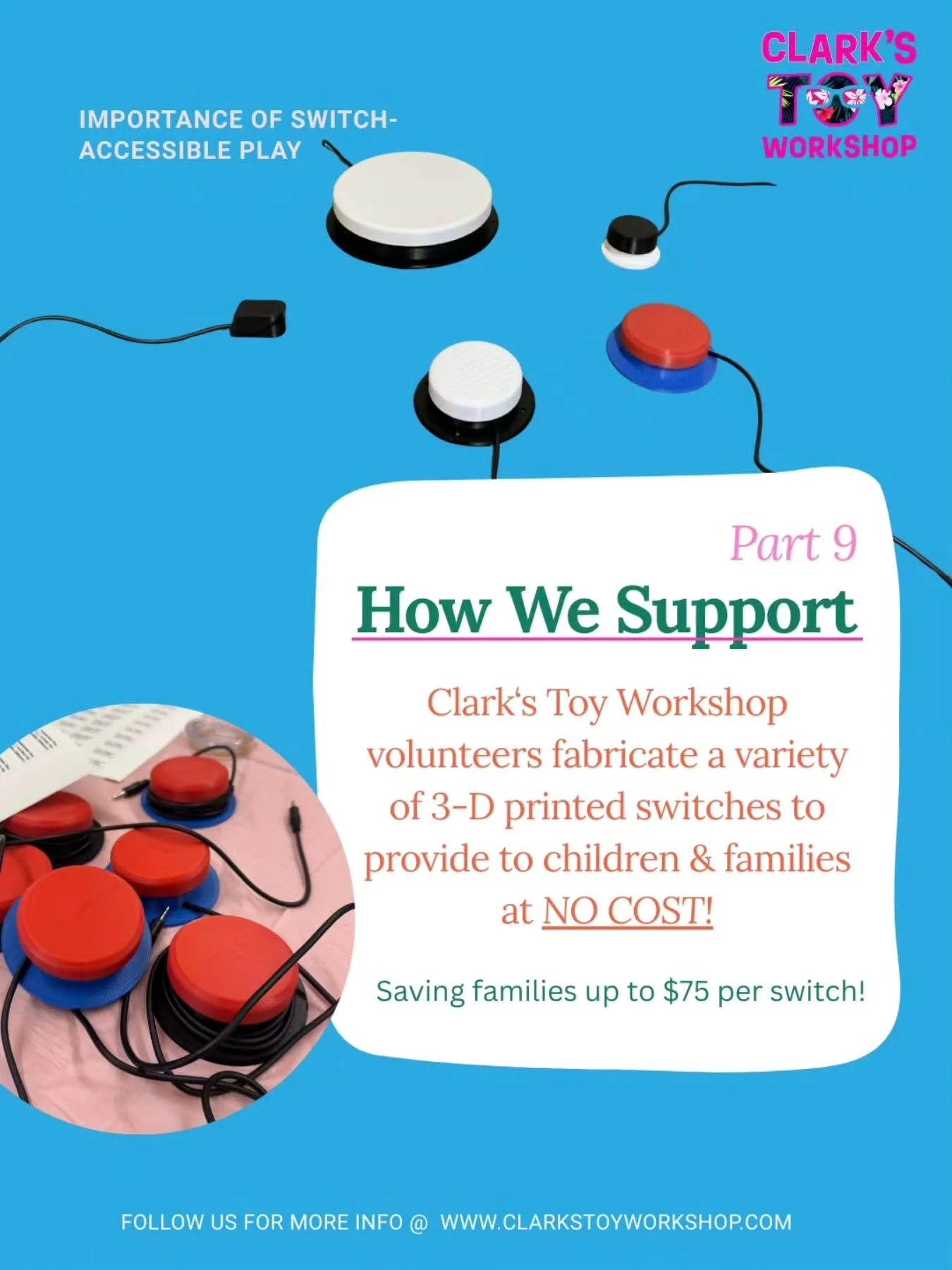 ✨️Switch-Accessible Play | Part 9: How We Support✨️

As we wrap up our mini series on the Importance of Switch Accessible Play, we&rsquo;re excited to highlight the heart of what we do at Clark&rsquo;s Toy Workshop &mdash; supporting children and te