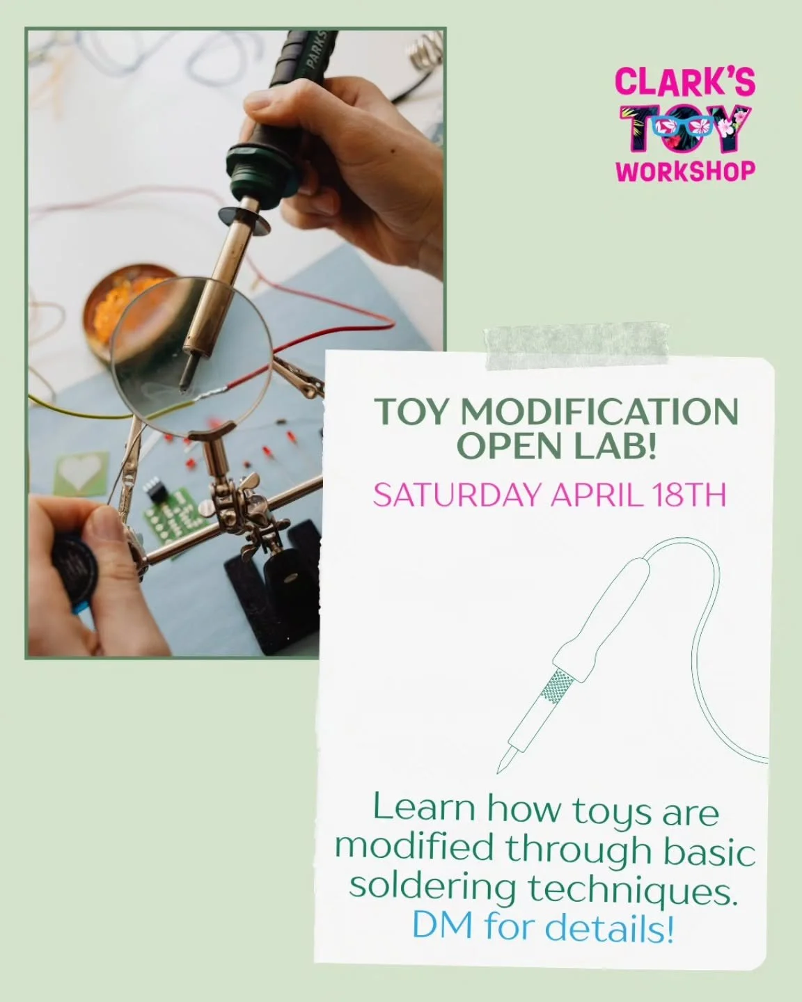 Clark's Toy Workshop is hosting it's first Open Lab! 🎉 Join us Saturday, April 18th. 🗓

Community members are invited to drop in &amp; learn how toys are modified for accessibility through basic soldering techniques. 

No experience necessary!  Thi