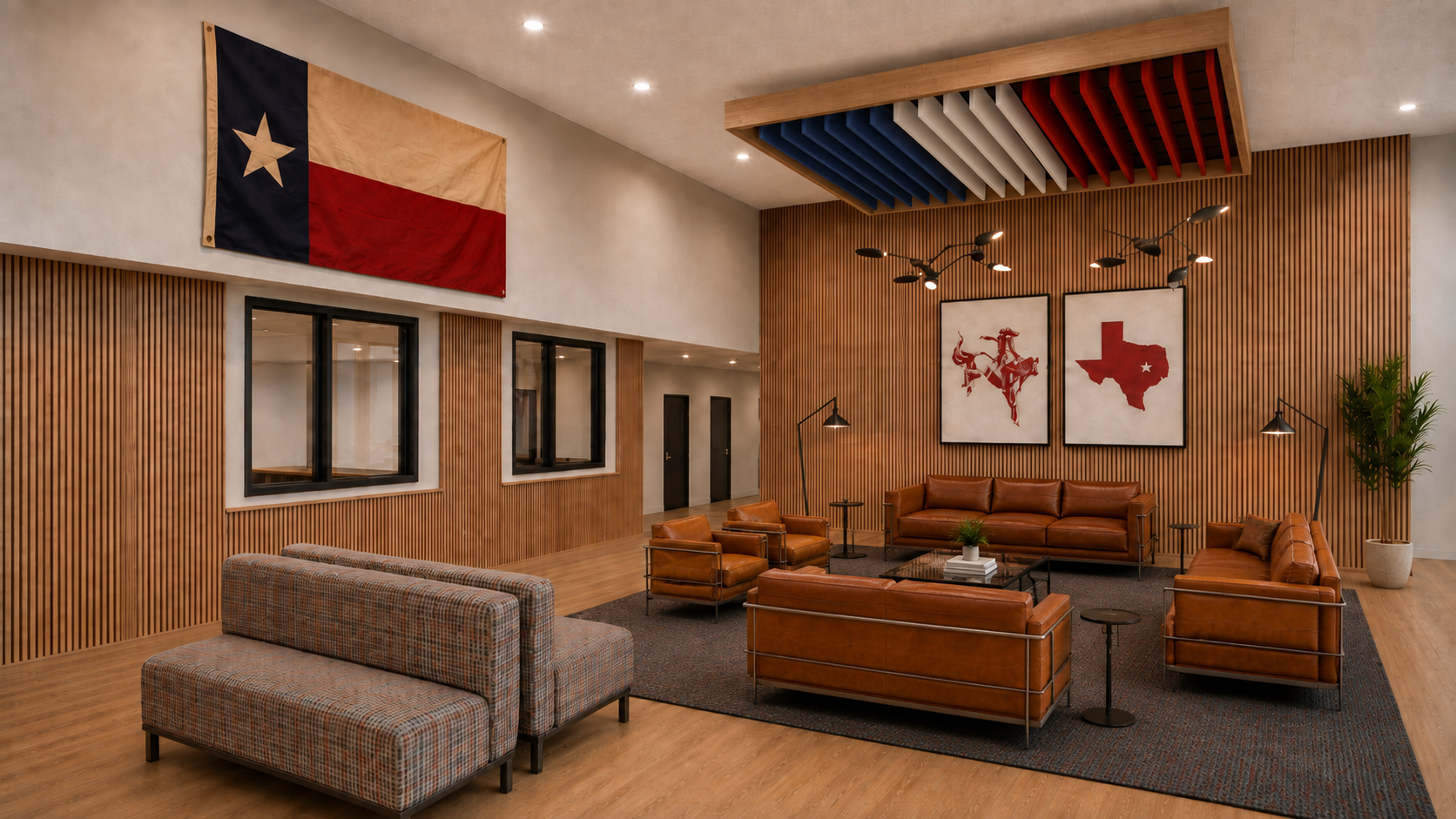 A modern municipal complex lobby with Texas-themed artwork and flags, featuring leather sofas, armchairs, and wooden accents.