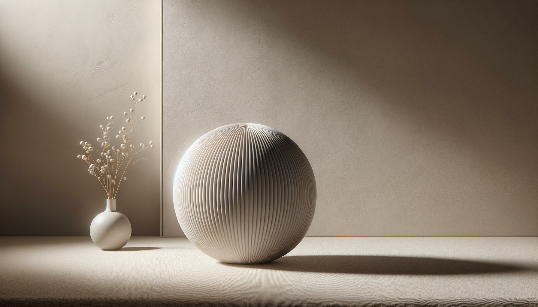 A beige textured wall features a round, ribbed ceramic vase and a smaller smooth ceramic vase with a dried floral arrangement, casting shadows on the surface.