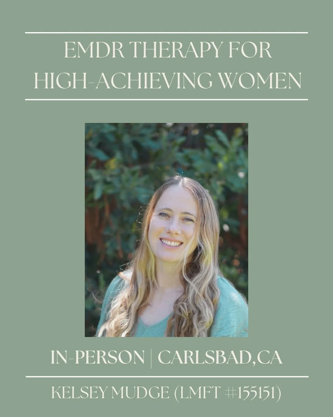 ✨Doing everything right-but still anxious?✨

EMDR therapy helps high-achieving women get out of survival mode and feel calm again.

📍In-person Carlsbad, CA
💻 Virtual across California

You don&rsquo;t have to try harder to feel better.

www.kelseym
