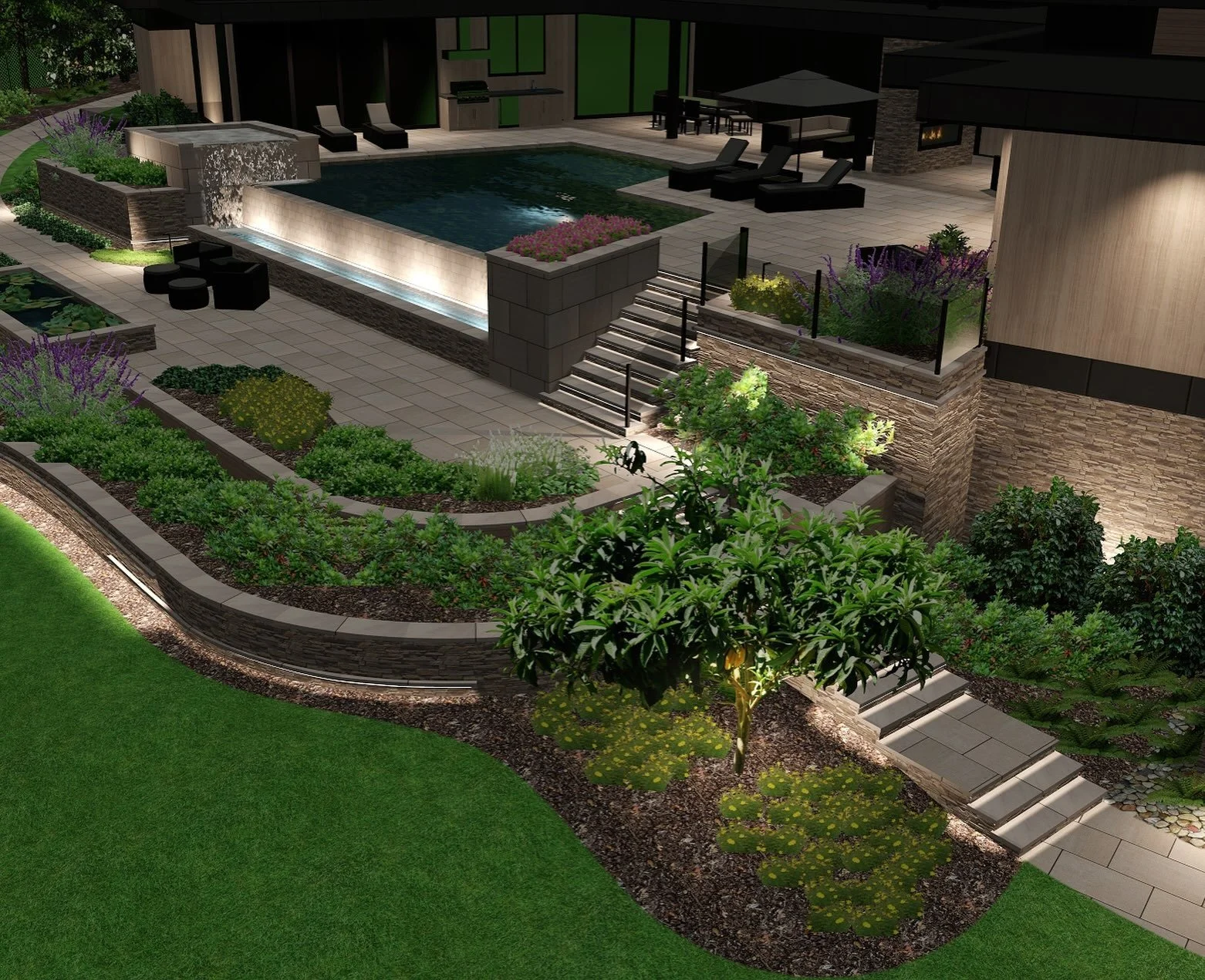 Previsualization for Project No. 8.  We are studying the relationship between indoor and outdoor spaces and how materials flow in and out of the residence, carefully blurring the lines between them. 
.
Here, the landscape unfolds as a series of outdo