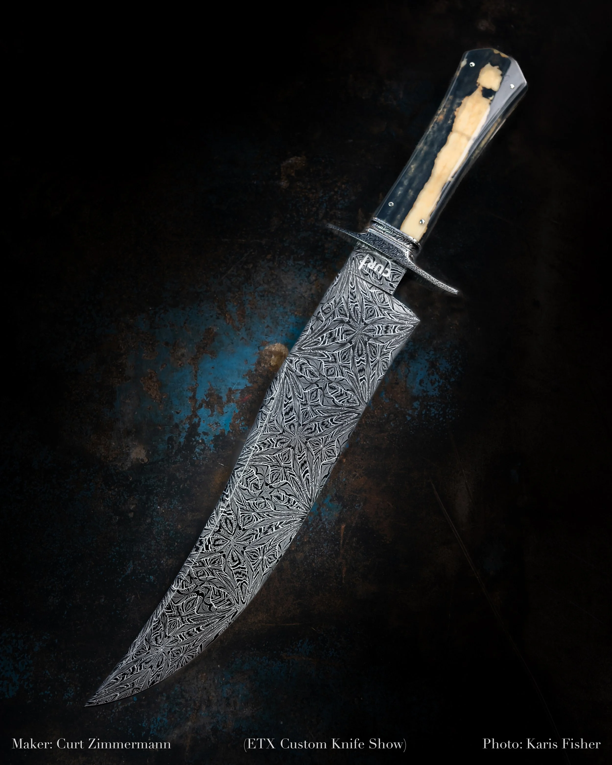 Curt Zimmermann
Fighter Knife
Mosaic Damascus
Ivory Handle
Damascus guard frame and fittings