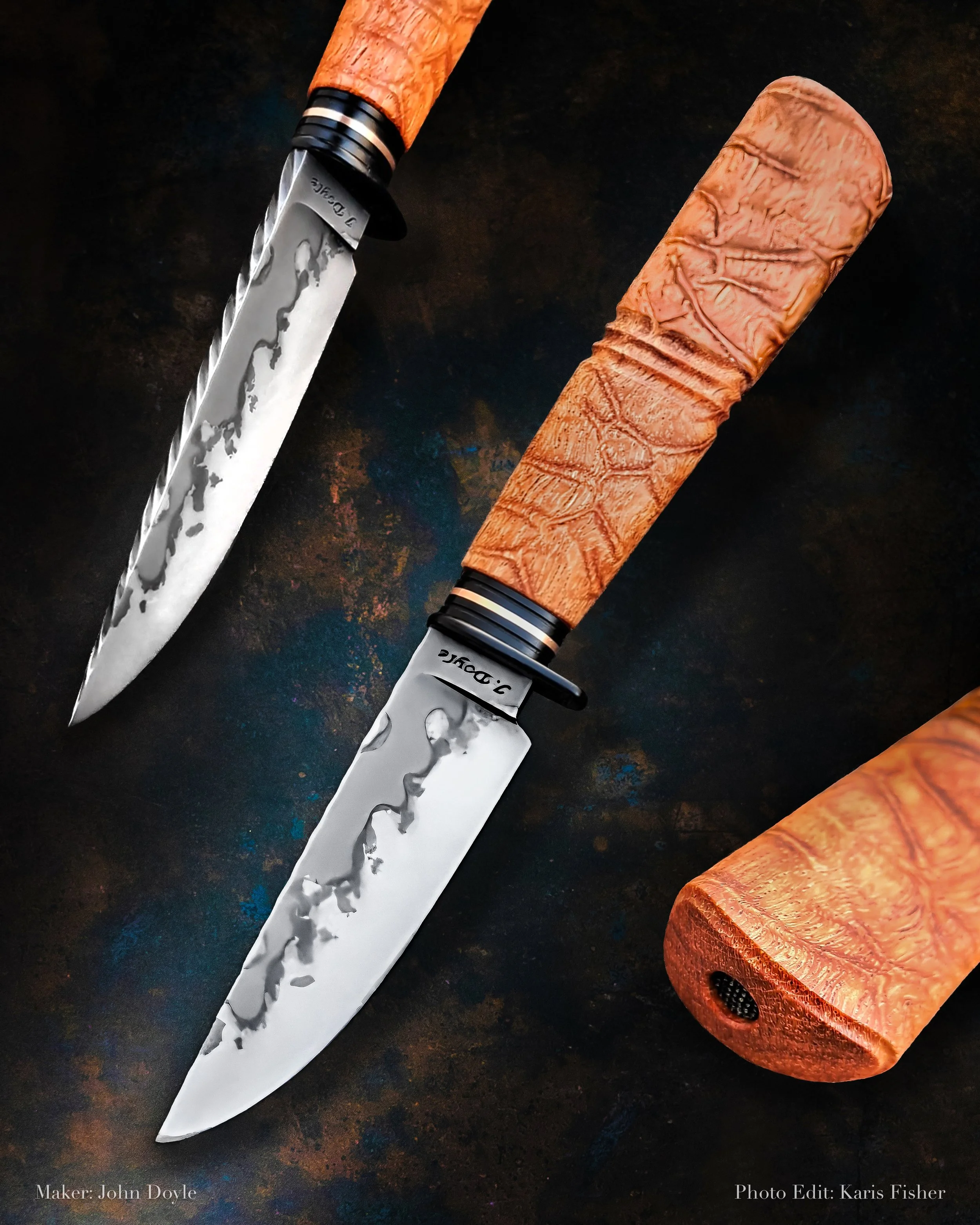 John Doyle 
Hunting Knife
hamon
g10 fittings
filework on spine of knife and on handle
Karis Fisher Photography