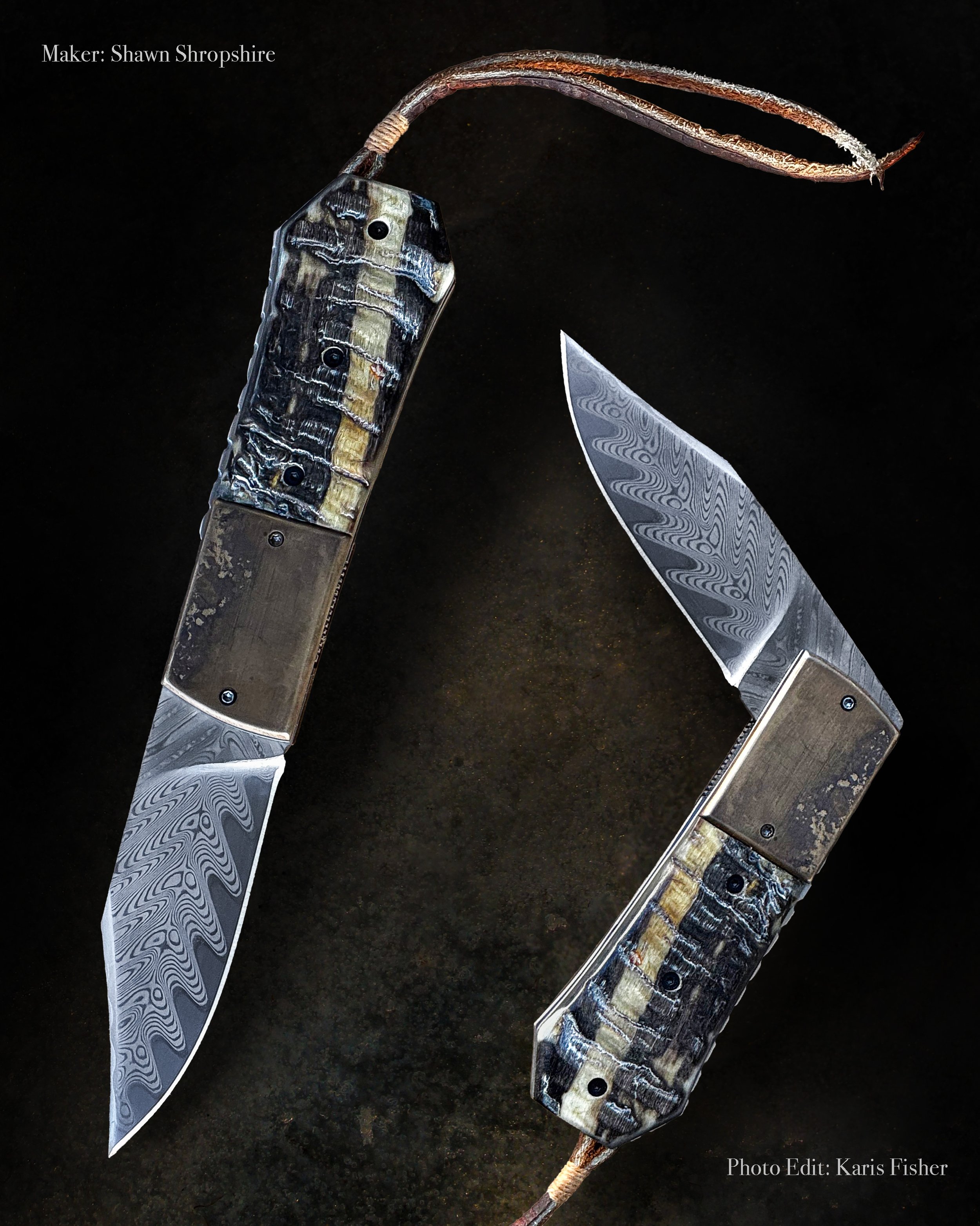 Close-up of a handcrafted knife with a Damascus steel blade and a handle made from patternedMaterials, displayed against a dark background. The blade features intricate swirling patterns characteristic of Damascus steel. The handle appears to be made