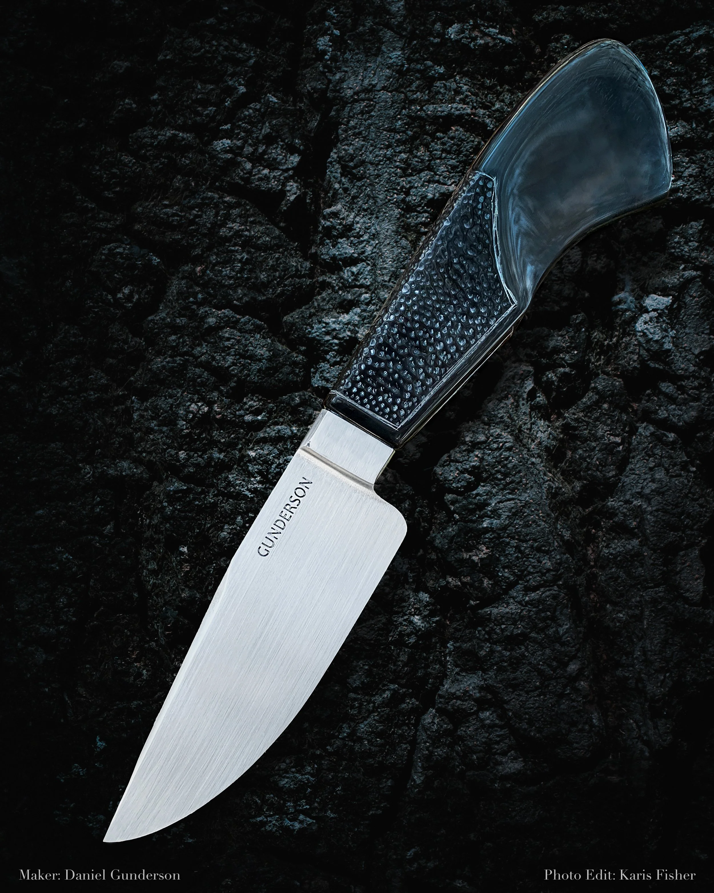 Daniel Gunderson 
Small hunting integral knife
Textured handle
integral blade
knife photography by Karis Fisher