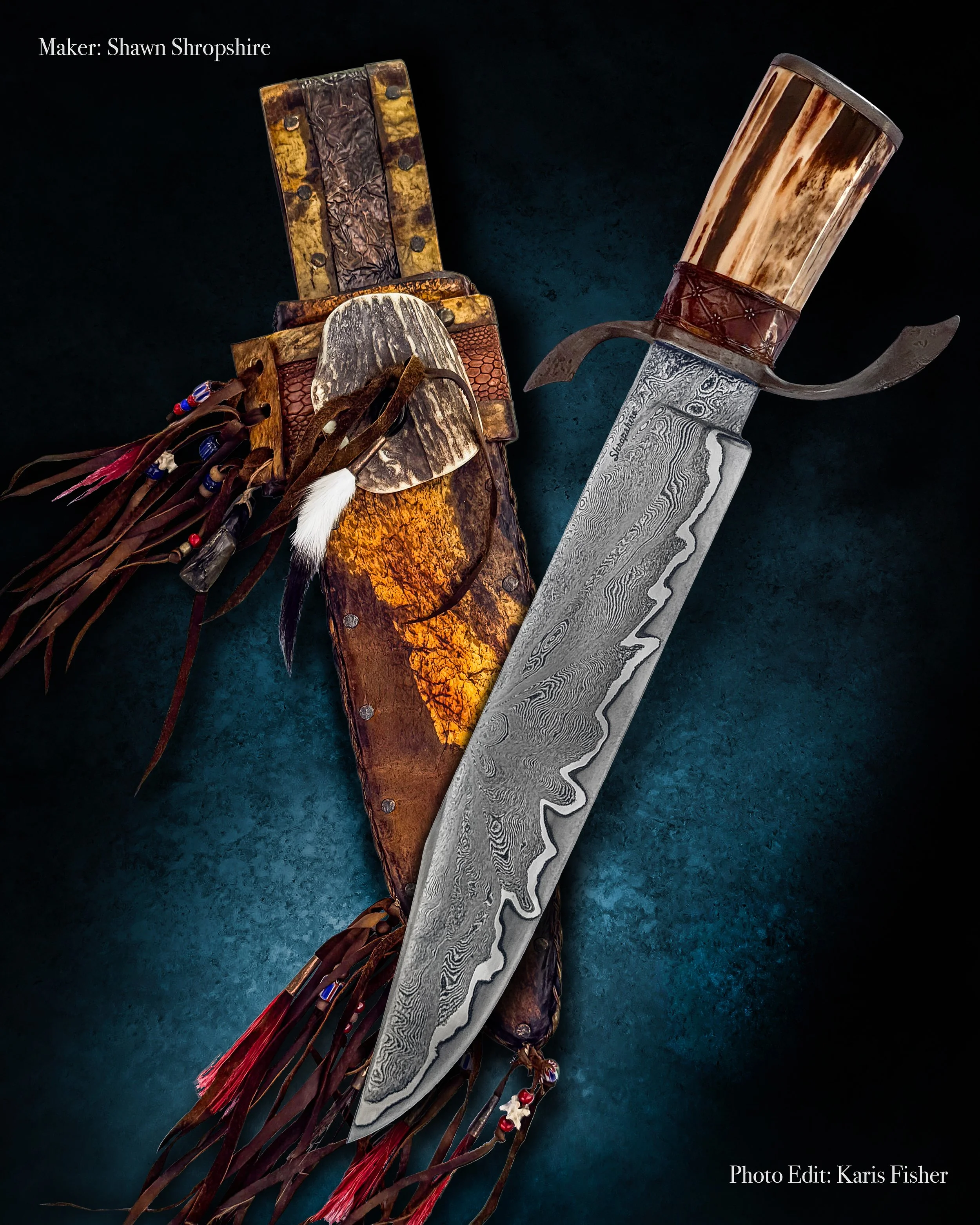 Shawn Shropshire custom knife with a 12 1/2-inch starburst Damascus blade, fossil walrus ivory handle, wrought iron guard and pommel, and copper wrap, displayed with an ornate deerskin rawhide sheath featuring historical-inspired details.