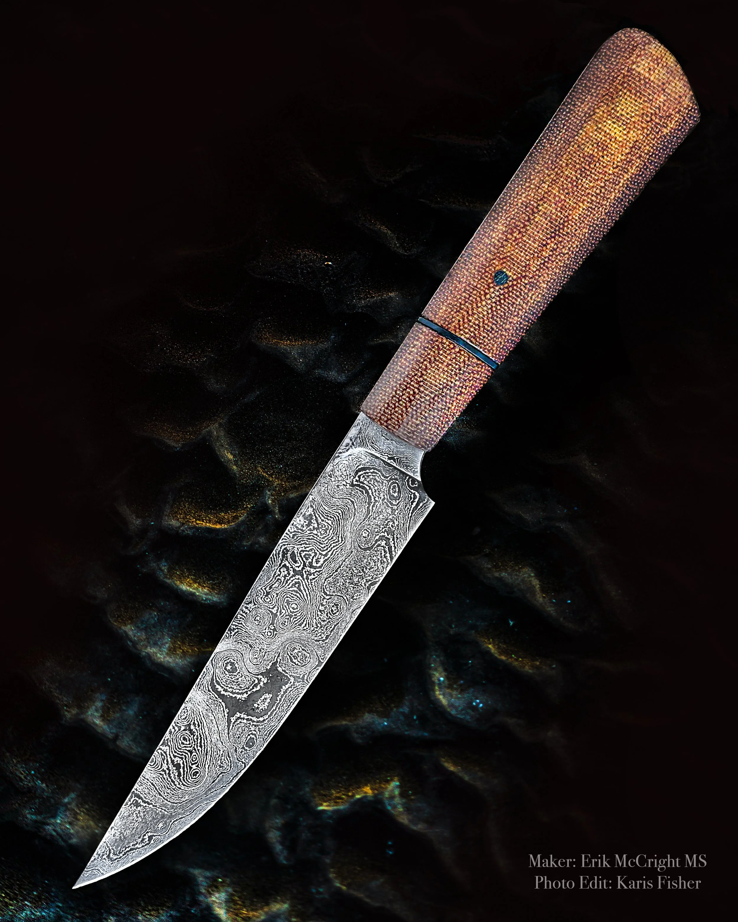 Hunter 
Erik McCright MS
Random Pattern Damascus, 1080/15n20
Micarta Handle