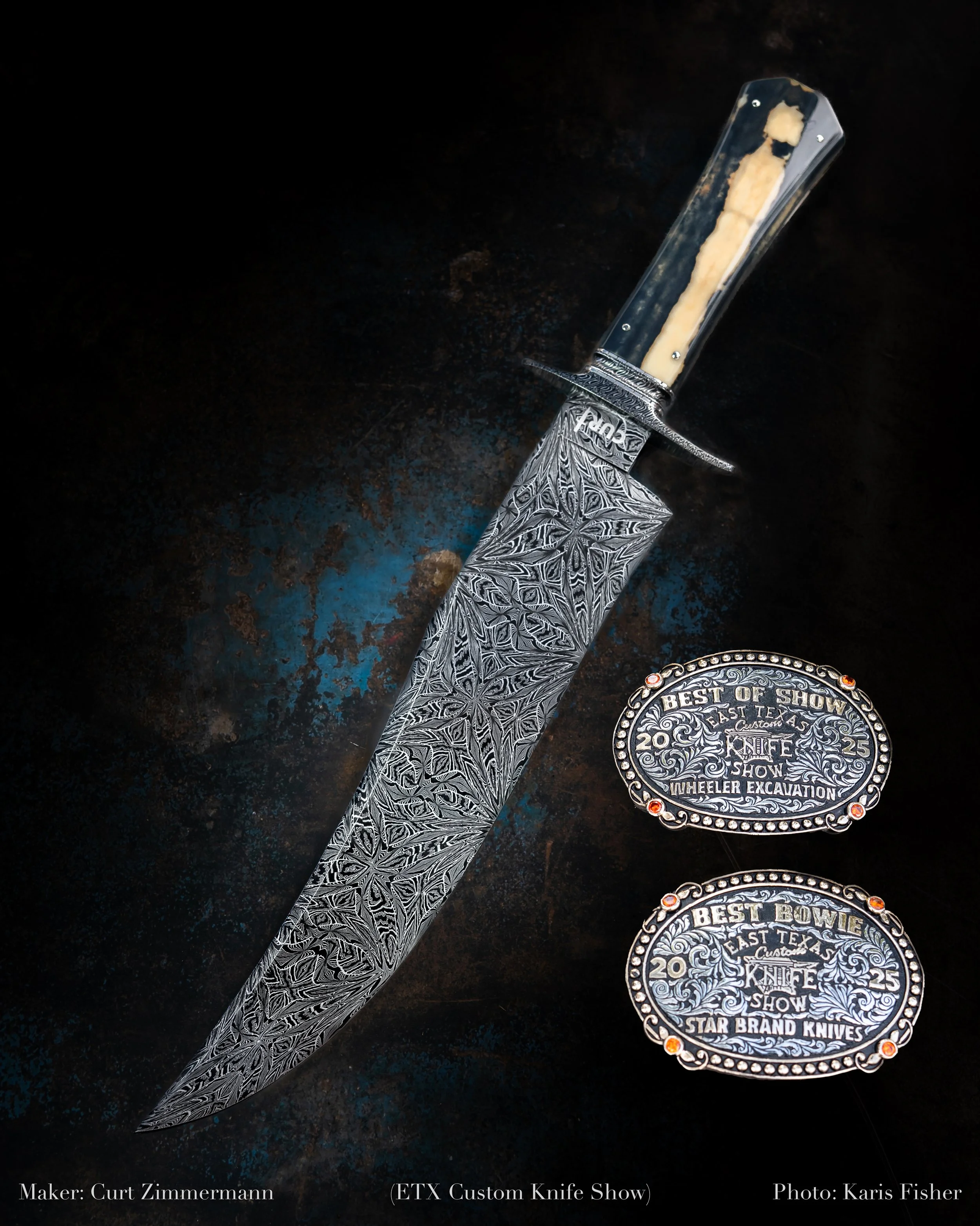 East Texas Custom Knife Show
Curt Zimmermann
Mosaic Damascus
Fighter
Ivory Handled
Damascus Guard, frame and fittings