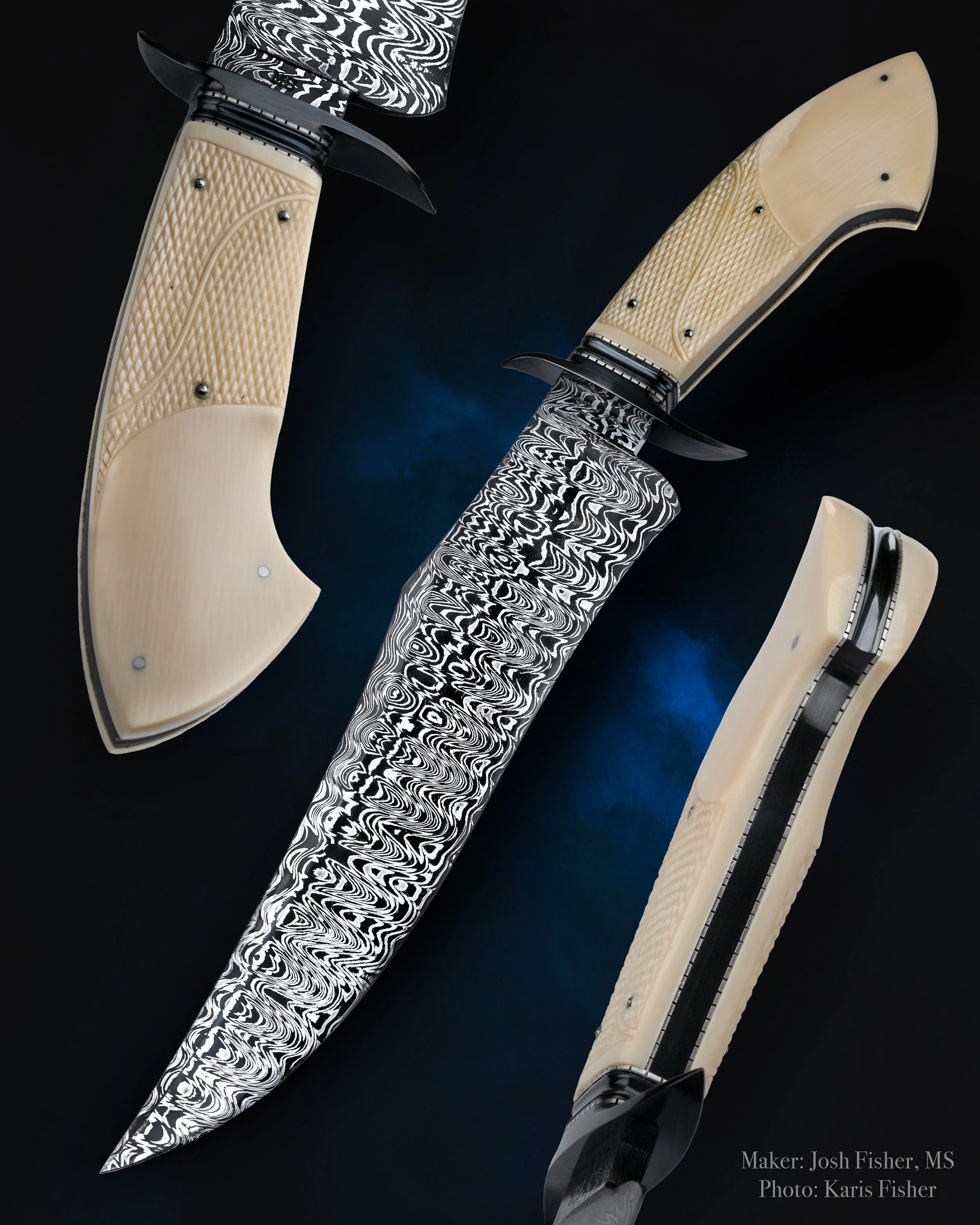 Josh Fisher Master Smith fighter with Damascus blade, hand-checkered ivory handle, hot blued fittings, and file-worked liners