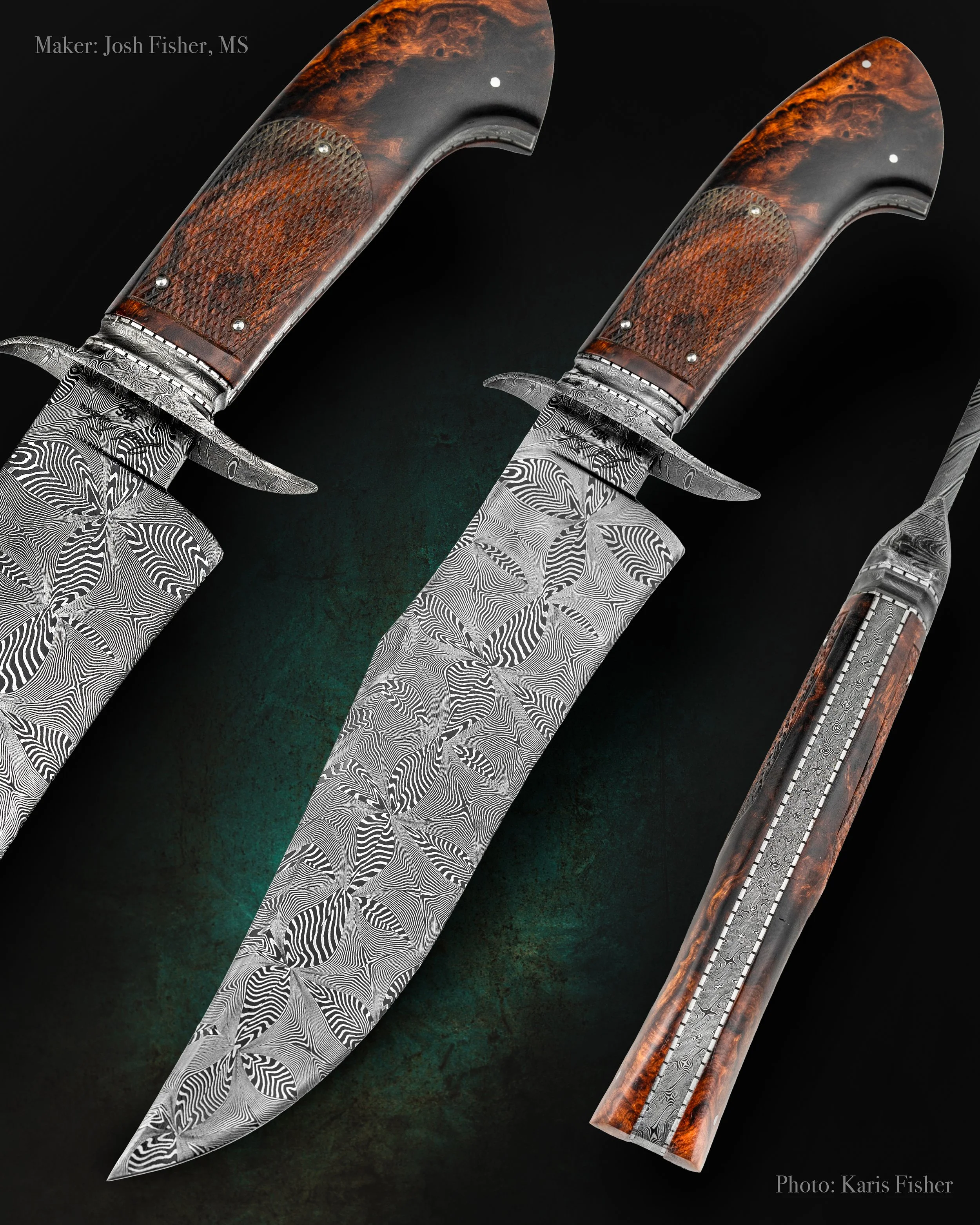 Josh Fisher Custom Knives
Karis Fisher Photography
Mastersmith made frame handled fighter
Mosaic damascus blade, twist pattern Damascus frame and fittings, Checkered desert ironwood handle, and coined liners.