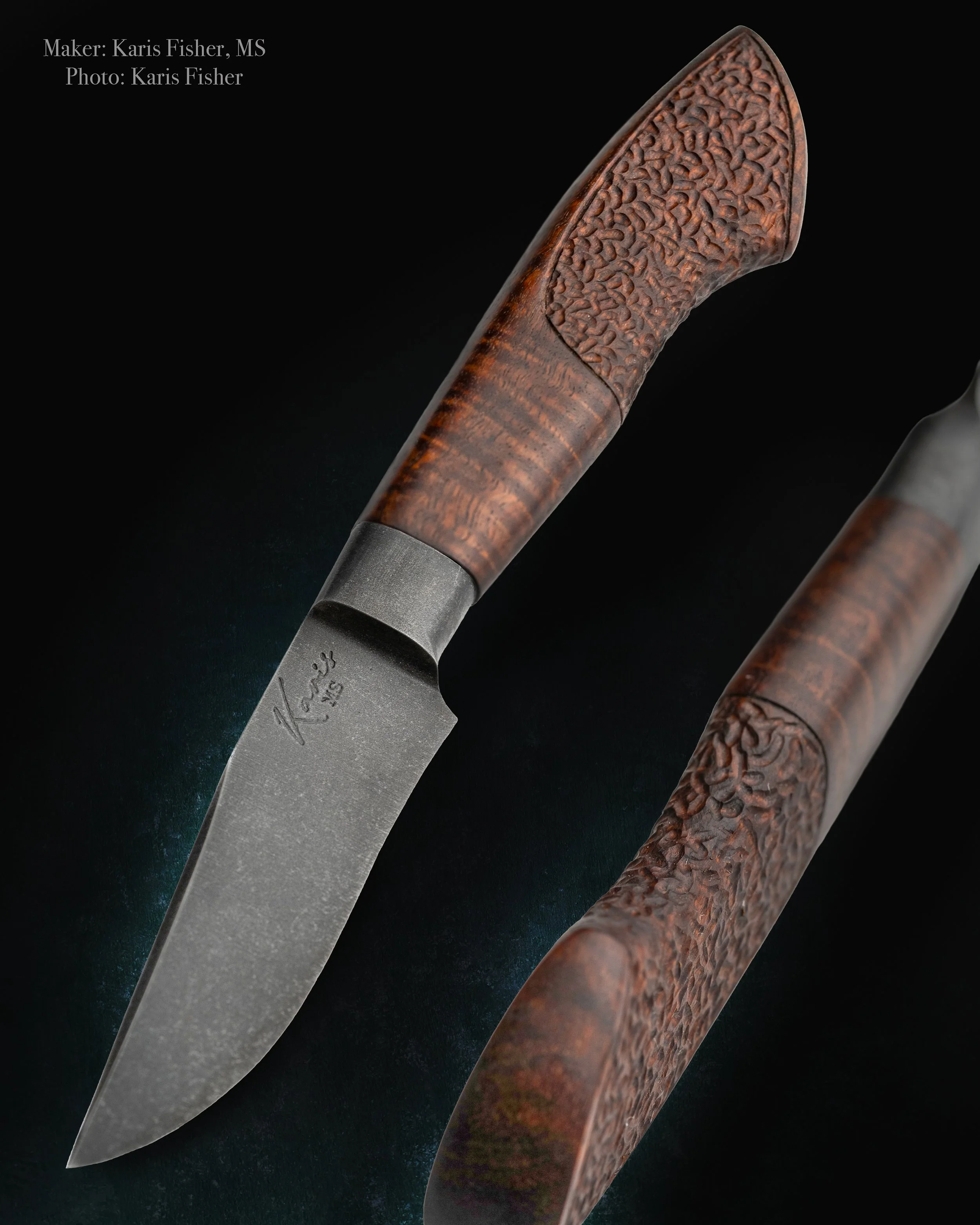 Karis Fisher Knives, knife and photography.
Integral stonewashed finish, western myall handle with texturing