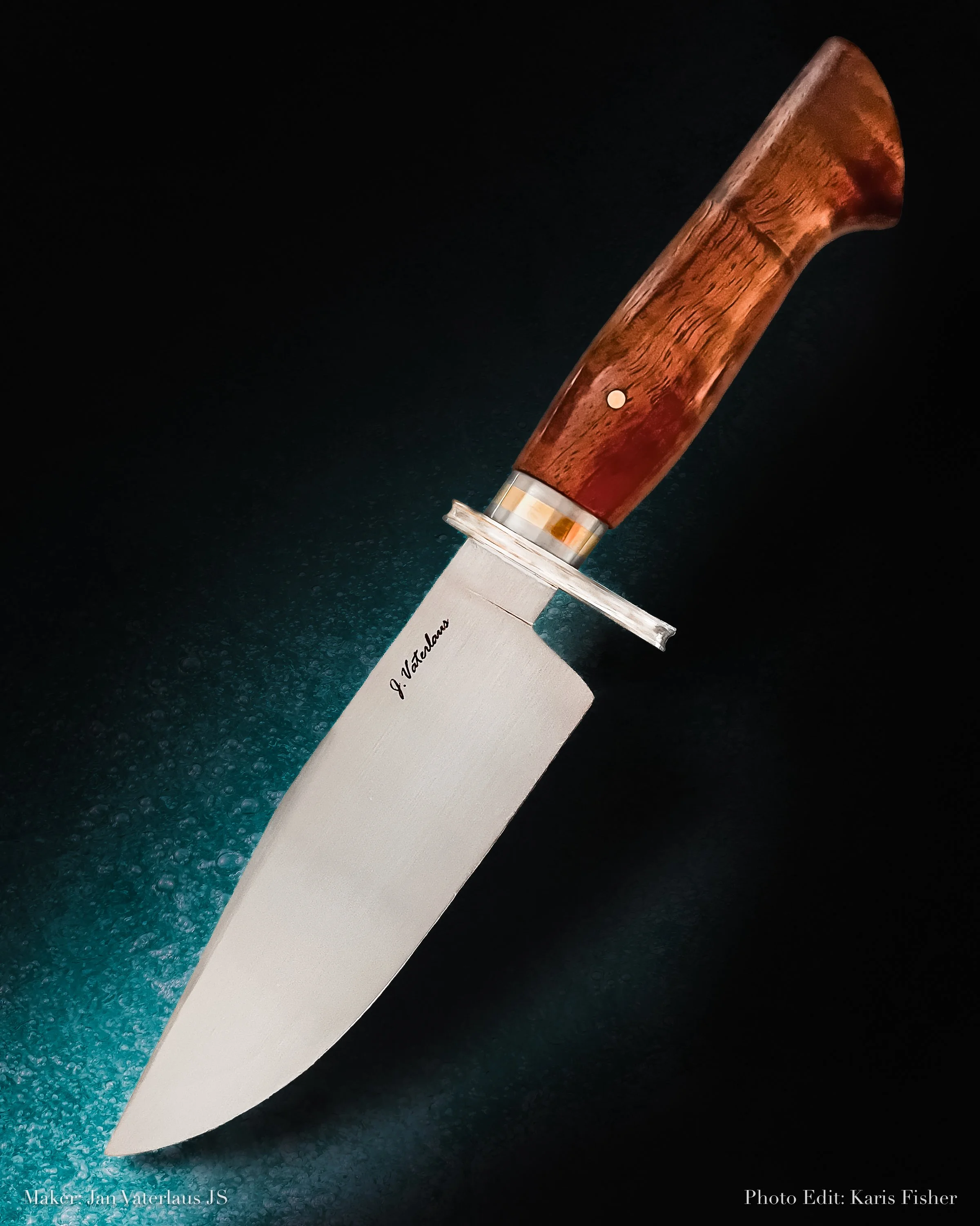 A chef's knife with a wooden handle and a sharp stainless steel blade, set against a dark background.