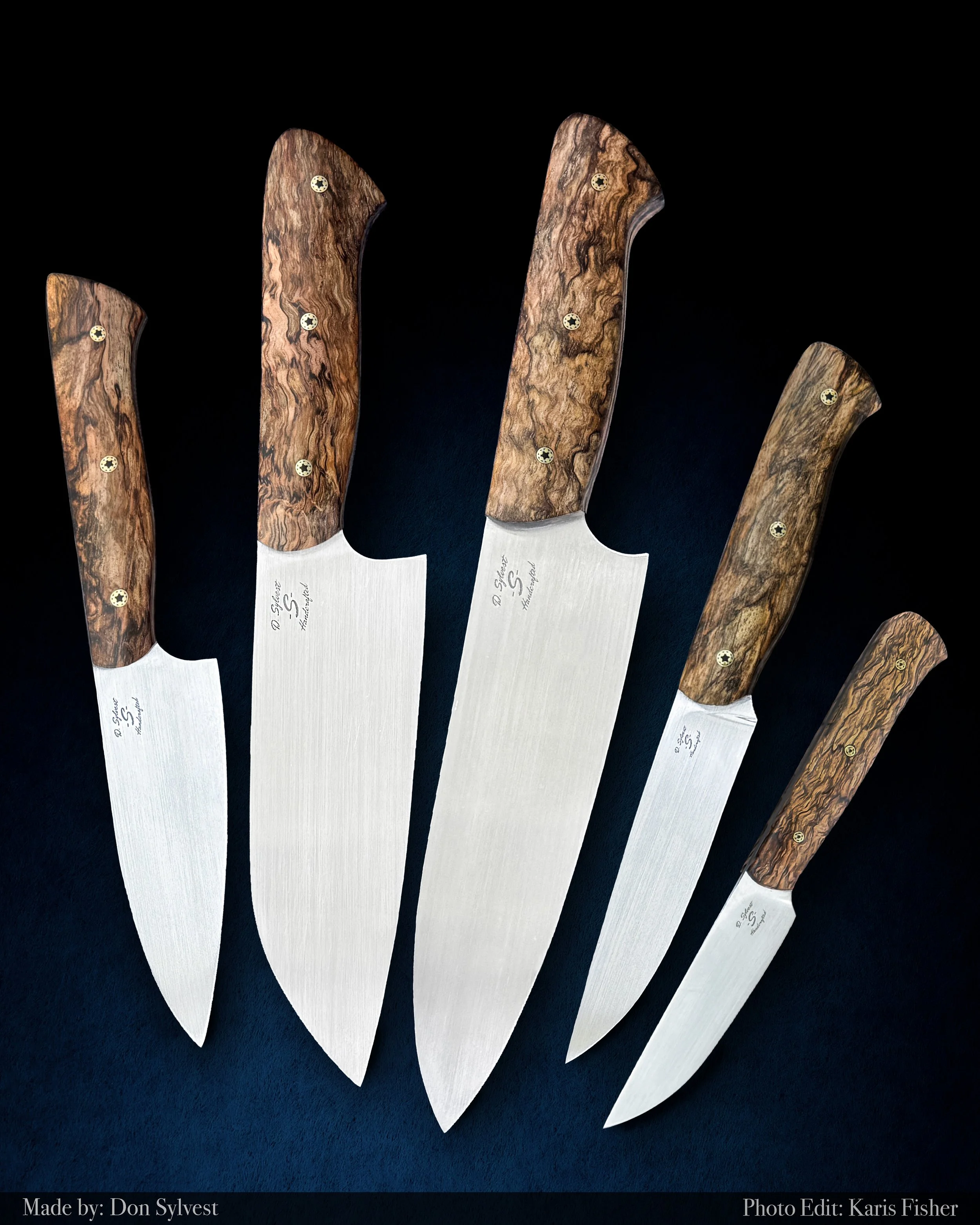 Set of five kitchen knives with wooden handles, arranged in a fan shape against a black background.