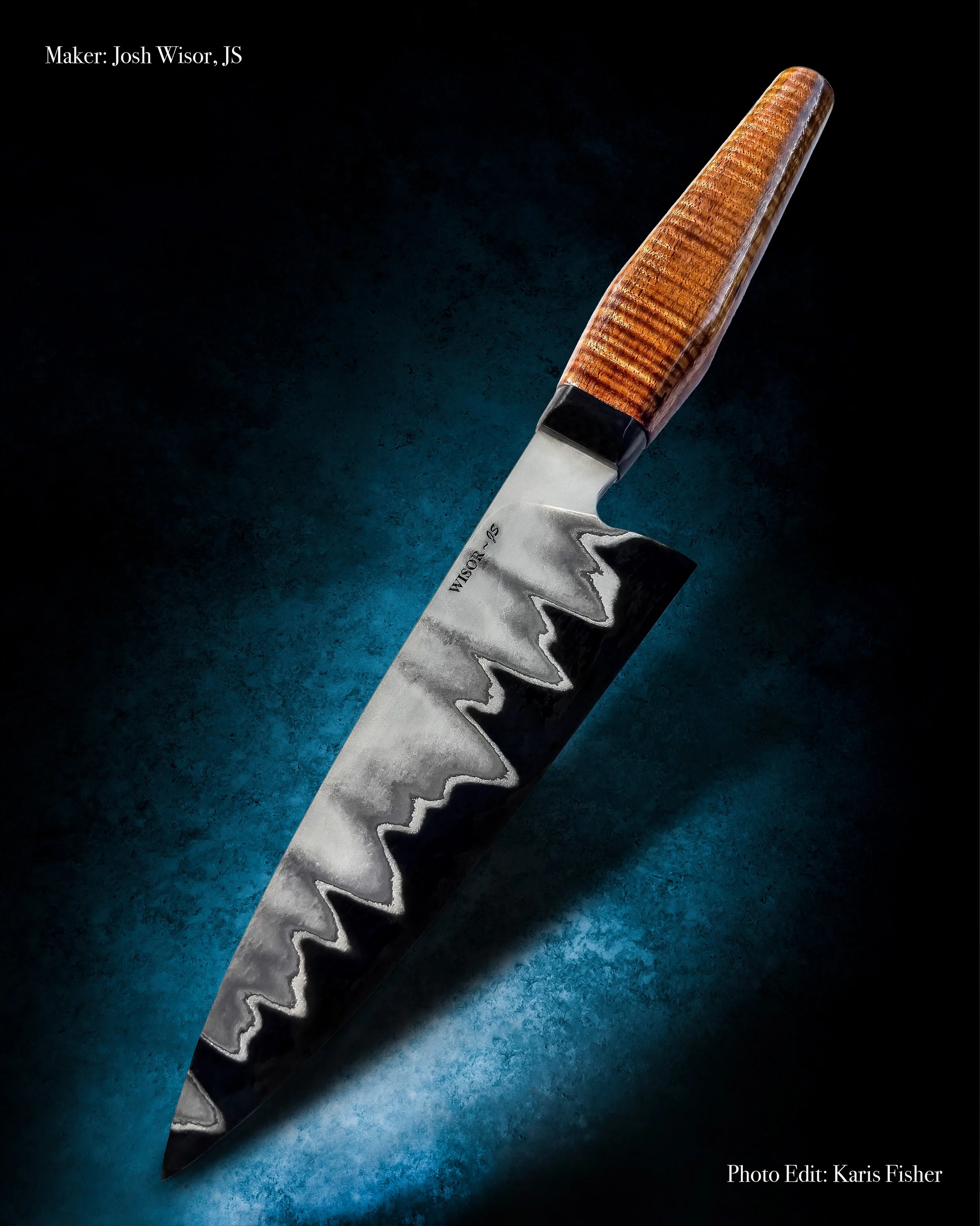 San Mai kitchen knife made by journeyman blade smith Josh Wisor. Photographed by Karis Fisher Photography, custom knife photographer.