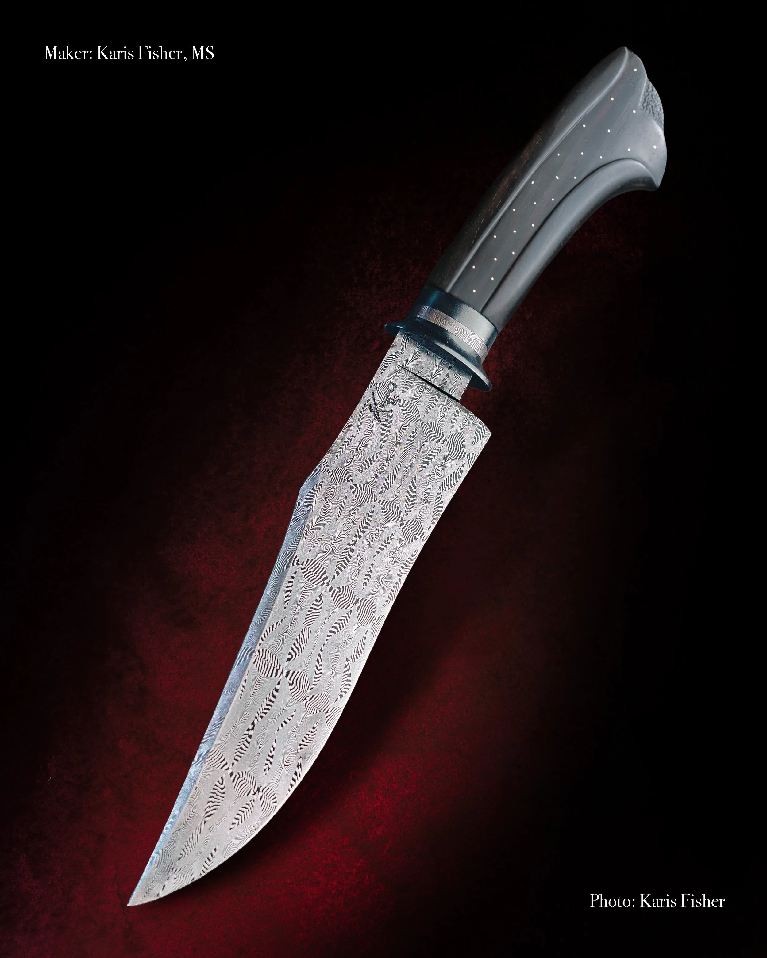 Mosaic Damascus Fighter by Mastersmith Karis Fisher, African Blackwood handle, gold dots, and hot blued fittings. Knife and photography by Karis Fisher