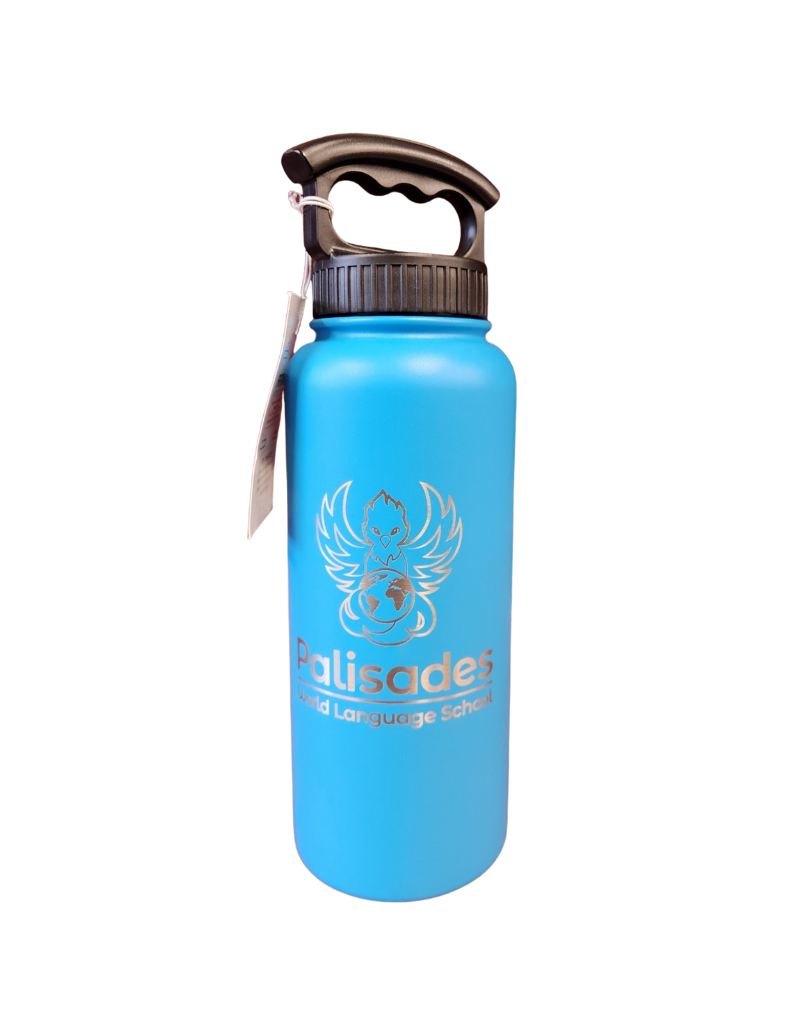 Blue 34oz Bottle with Wide Mouth 3 Finger Lid and Palisades Logo
