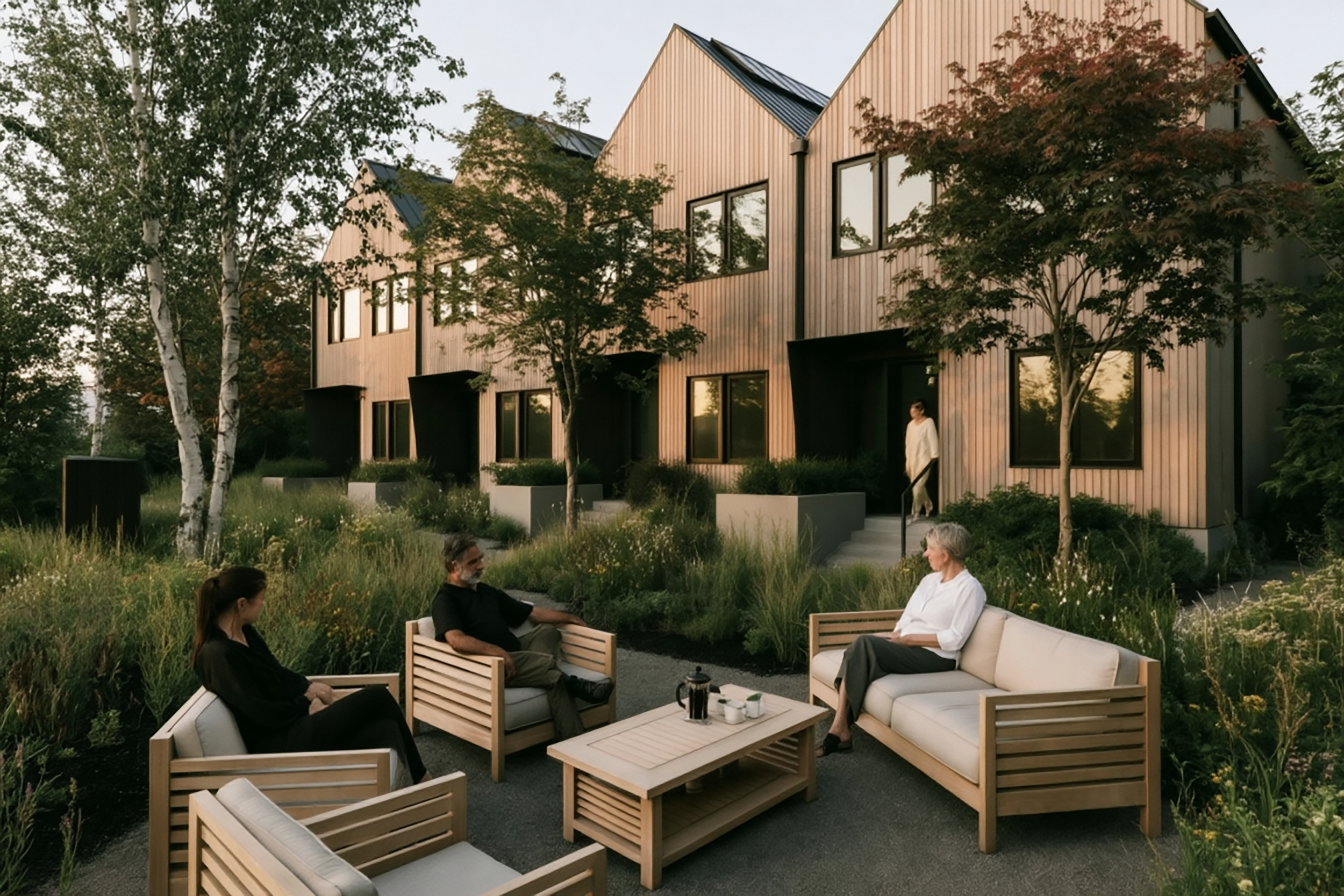 People sitting and chatting on outdoor patio with wooden furniture, surrounded by trees, with modern residential buildings in the background.