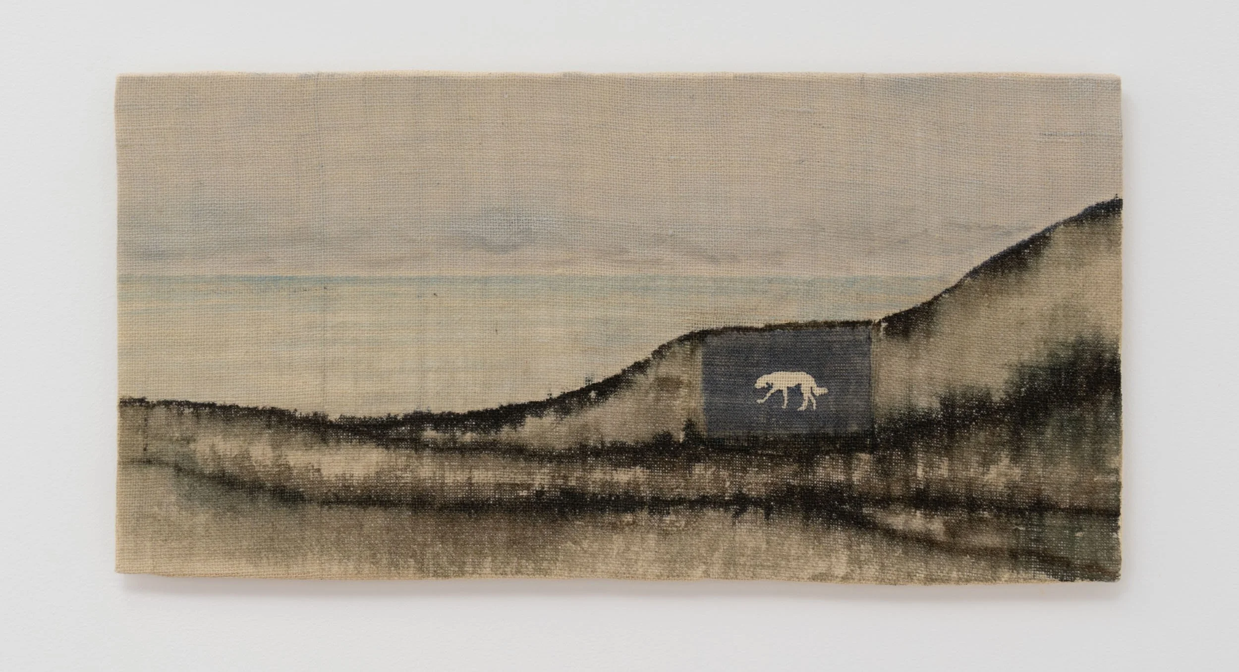 * SOLD * Dropping down to Karekare beach. 300x600mm. Acrylic and monoprint on hessian laid on board.