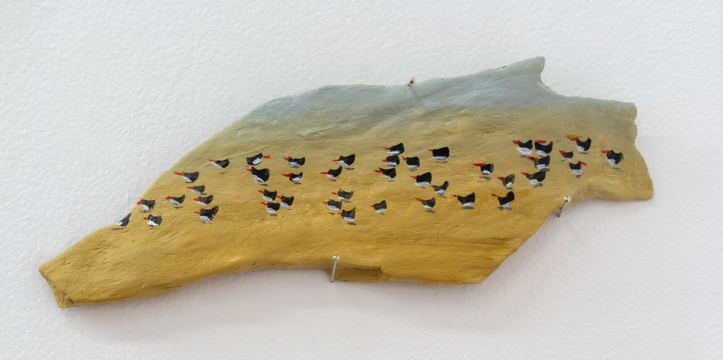 Oystercatchers. 90x230mm. Acrylic on driftwood. (Sold through BSA Gallery)