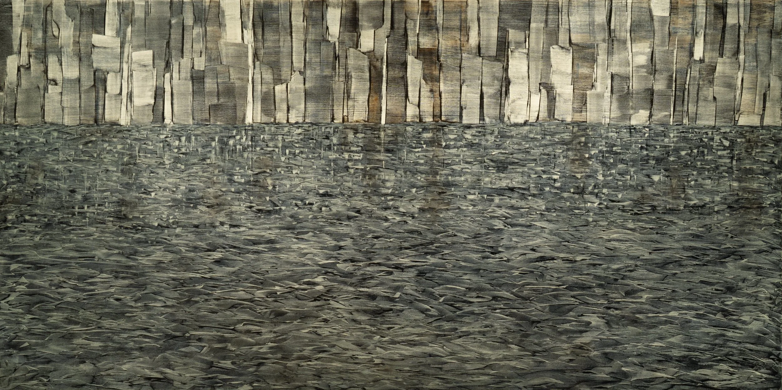FINALIST WALKER & HALL WAIHEKE ART AWARD 2026, selected and judged by Dick Frizzell. "Holding". 1200x600mm. Oil on board. For sale at Waiheke Art Gallery. $1170.