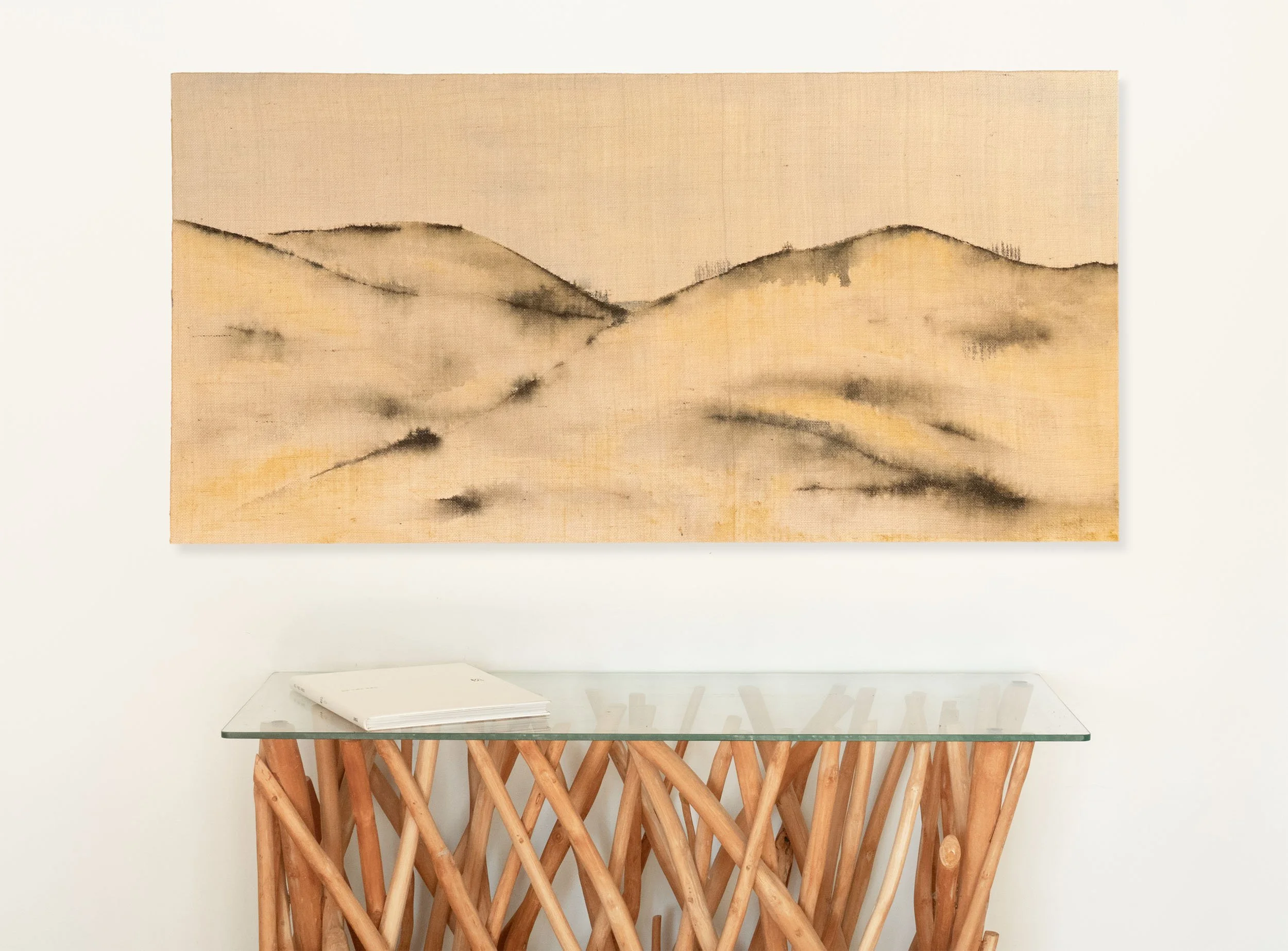 Digital visualisation. Glimpse of the sea. 600x1200mm. Acrylic on hessian laid on board. 2025.