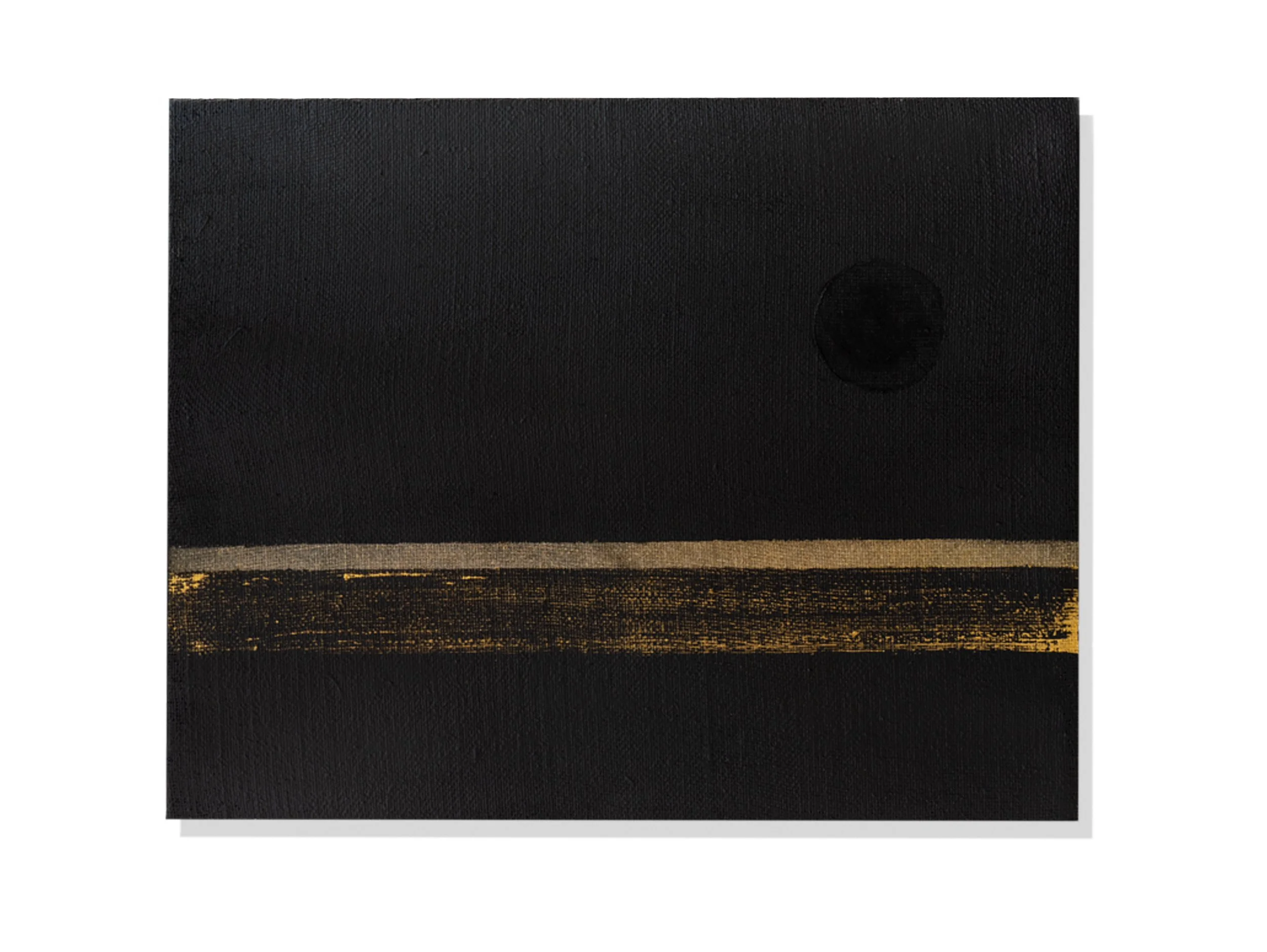 Black Sand Moon. 400x510mm. Black sand, acrylic on hand-stretched hessian.