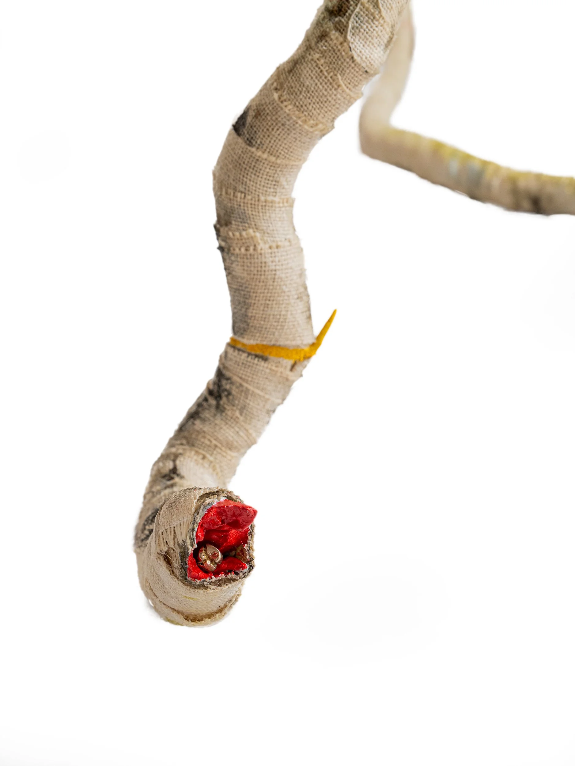 Quoting John Malkovich. 500x1500x600mm. Gold crown, acrylic on hessian on driftwood. 2025.