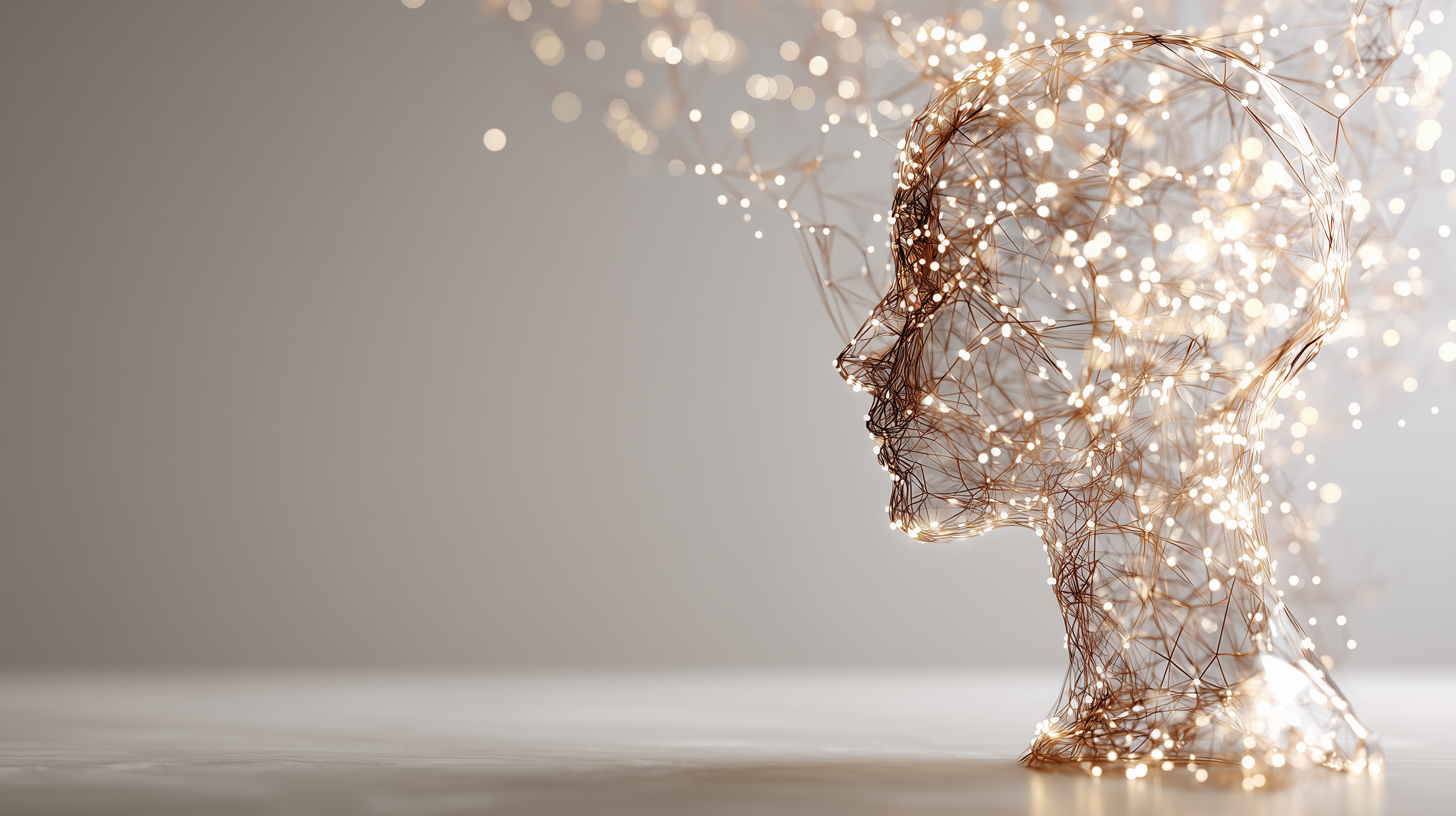 Digital artistic rendering of a human face in profile made of interconnected lines and glowing points of light.