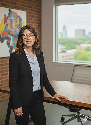 A woman wearing glasses, a black blazer, and a light blue shirt, smiling and standing in a modern office with a large window and a cityscape view.
