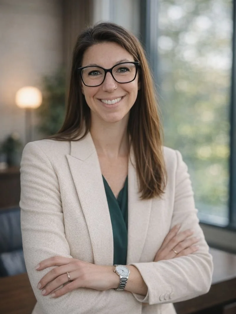 A woman with long brown hair, glasses, and a nose piercing smiling with arms crossed in an office setting.