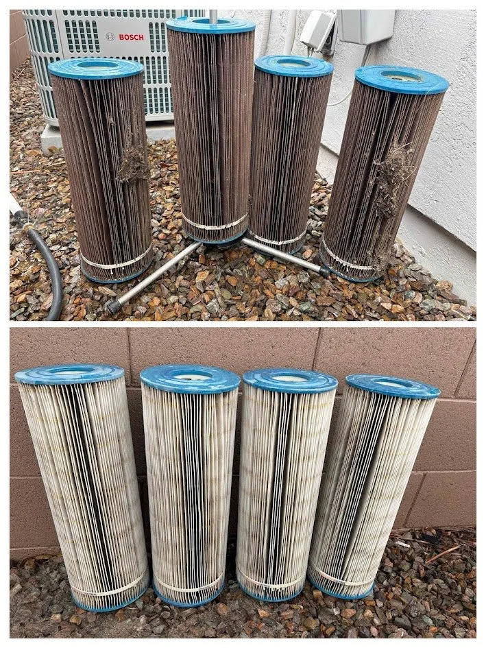 Your filter does more work than you think.

These cartridges were restricting flow and forcing the system to work harder. After a proper cleaning, circulation improves and your equipment runs more efficiently.

We recommend filter cleanings twice a y