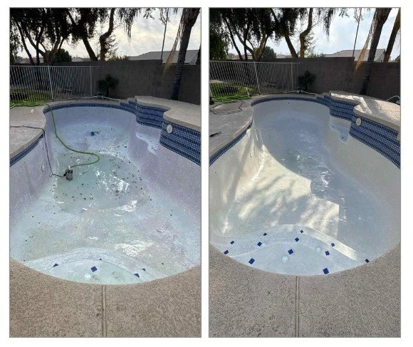 Not algae. Not dirt.
Mineral staining.

Arizona water can leave pools looking purple or gray over time.
This required a drain and surface treatment to restore the finish.

Call us if your pool doesn't look the way it should, we can help!

480-249-744