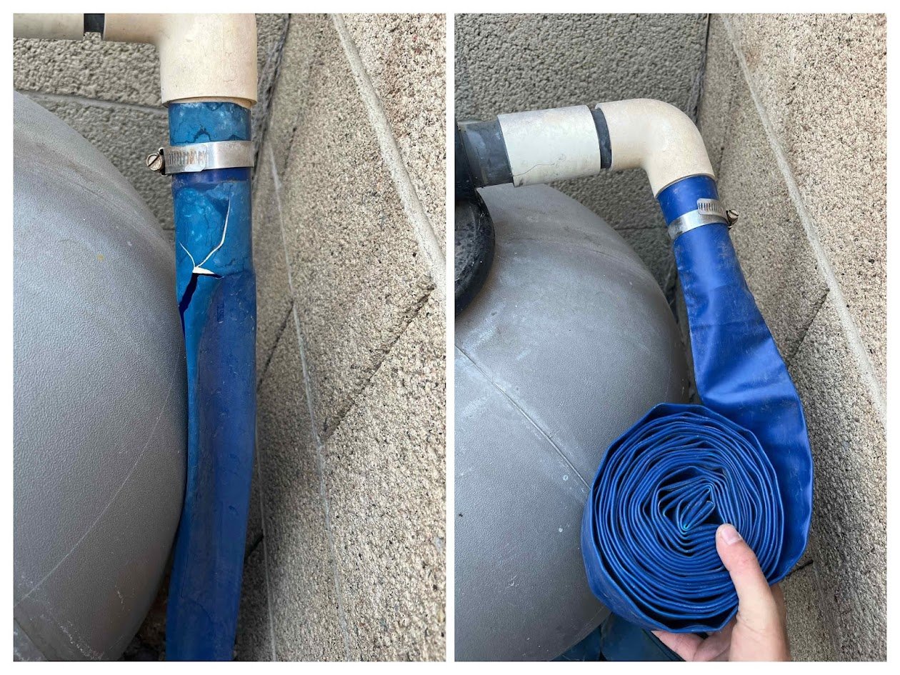 Small part. Big mess if ignored. 👀

During our weekly service inspection, we found this backwash hose split from sun exposure and age.

Would it damage the equipment? No.
Would it make a huge mess? Absolutely.

Arizona sun is brutal on plastic and r