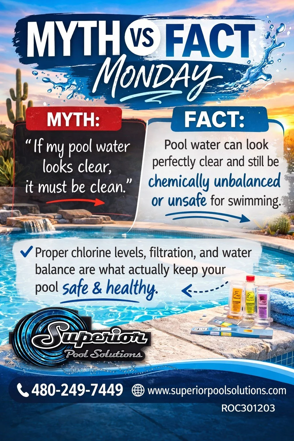 💧 Myth vs Fact Monday

Just because your pool water looks clear doesn&rsquo;t always mean it&rsquo;s safe. Water can appear crystal clear and still be chemically unbalanced.

Proper chlorine levels, filtration, and balanced chemistry are what keep y