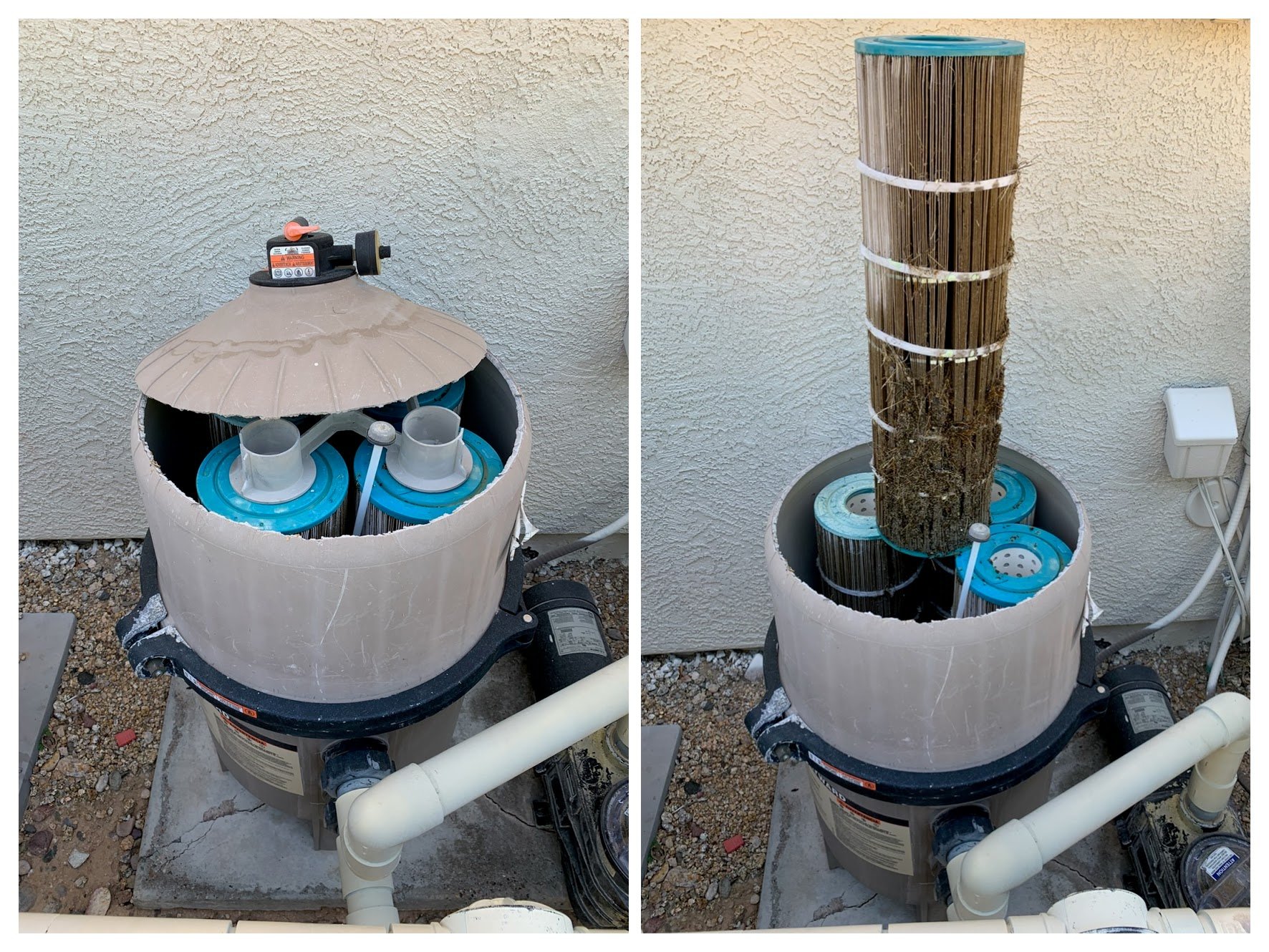 The top of this pool filter blew off from pressure caused by severely clogged cartridges.

When filters get packed with debris, water can&rsquo;t flow properly. Pressure builds inside the tank &mdash; and eventually something gives.

This is why rout
