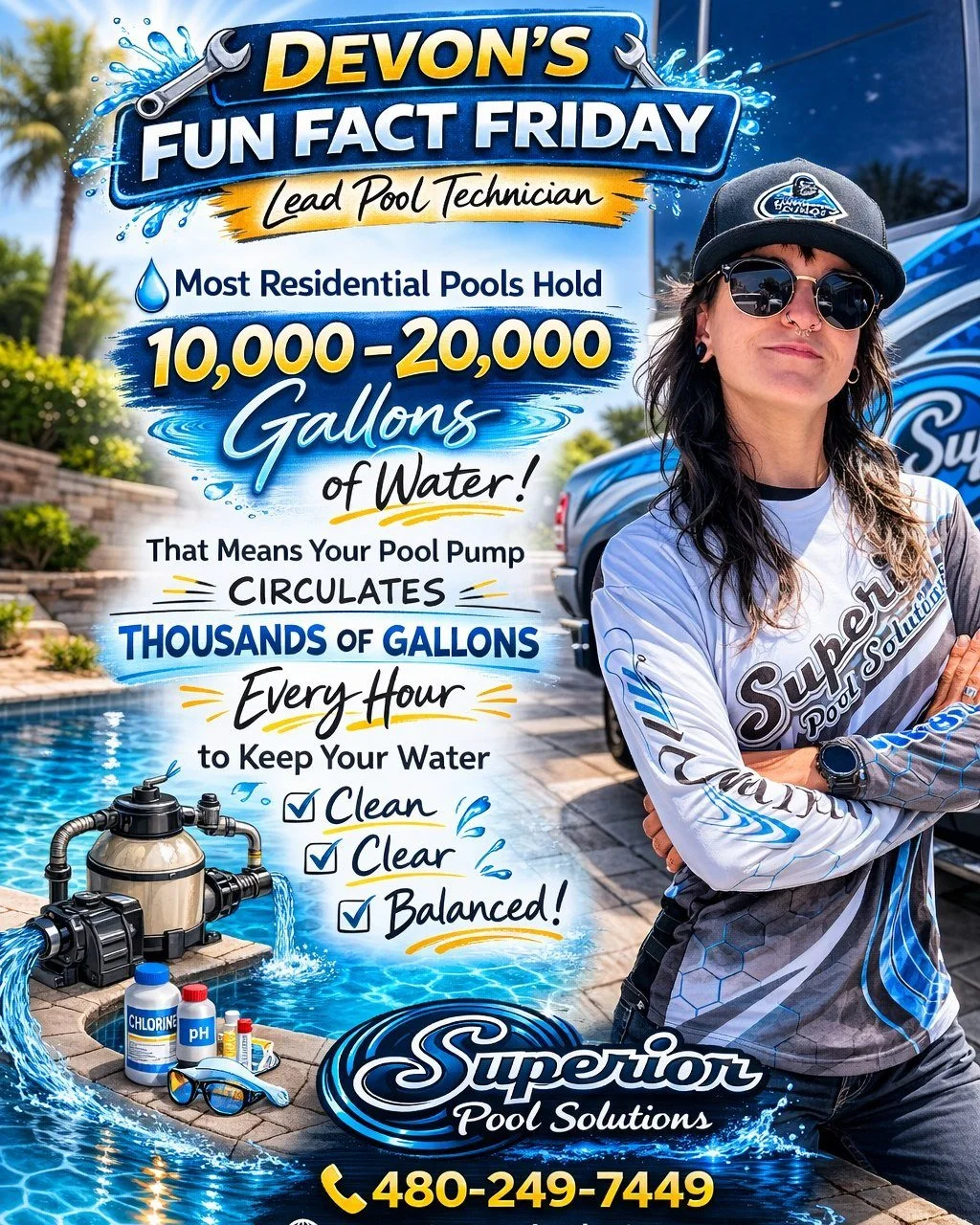 The average residential swimming pool holds 10,000&ndash;20,000 gallons of water.

Your pool pump and filtration system circulate that water throughout the day to keep it clean, balanced, and ready for swimming.

Regular maintenance helps ensure your