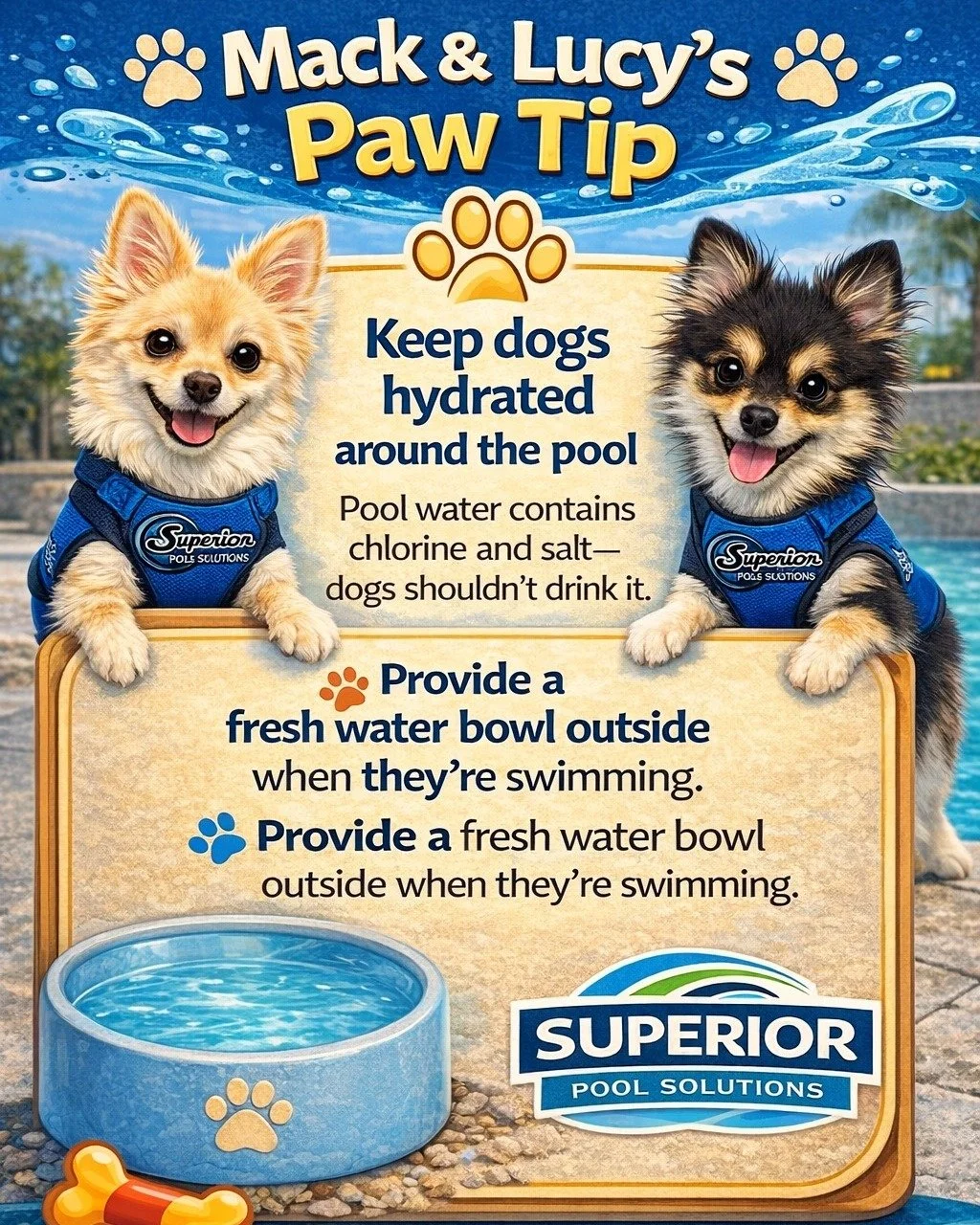 🐾 Mack &amp; Lucy&rsquo;s Paw Tip 🐾

Arizona heat + pool time = thirsty pups! ☀️💦

Even though dogs love the pool, they shouldn&rsquo;t be drinking pool water (chlorine + salt can upset their stomach).

💙 Pro Tip: 
Always keep a fresh water bowl 